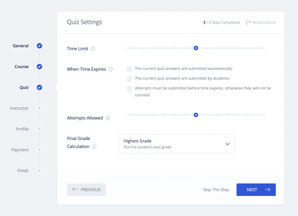 Tutor LMS Setup wizard quiz settings