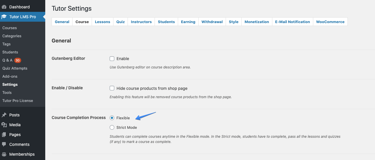 Tutor LMS Flexible or Strict Course Completion Process