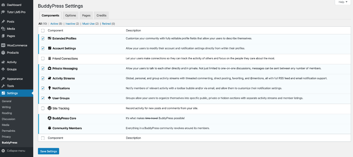 BuddyPress settings