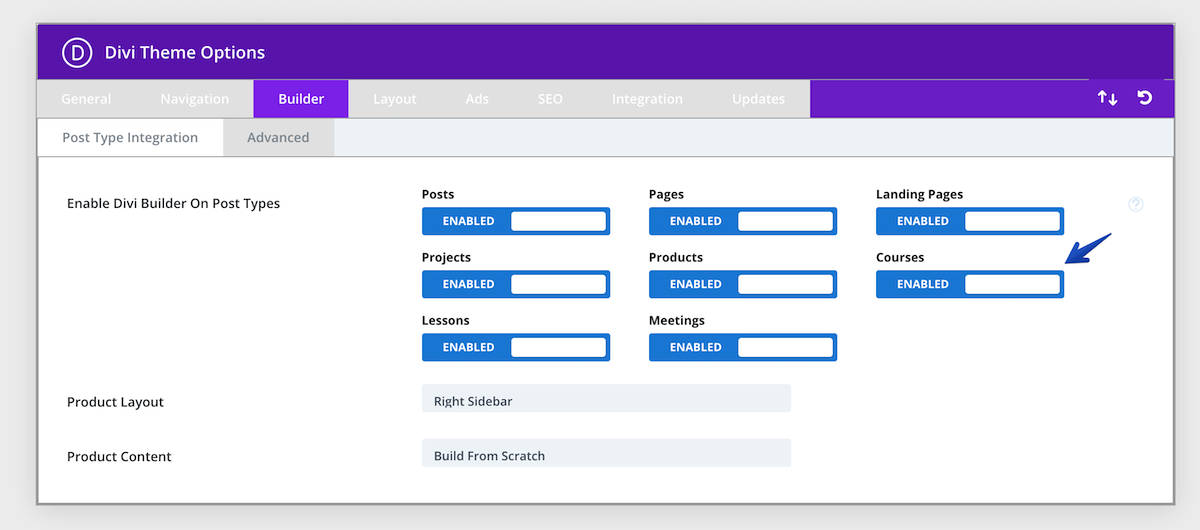 Enable courses option on Divi builder