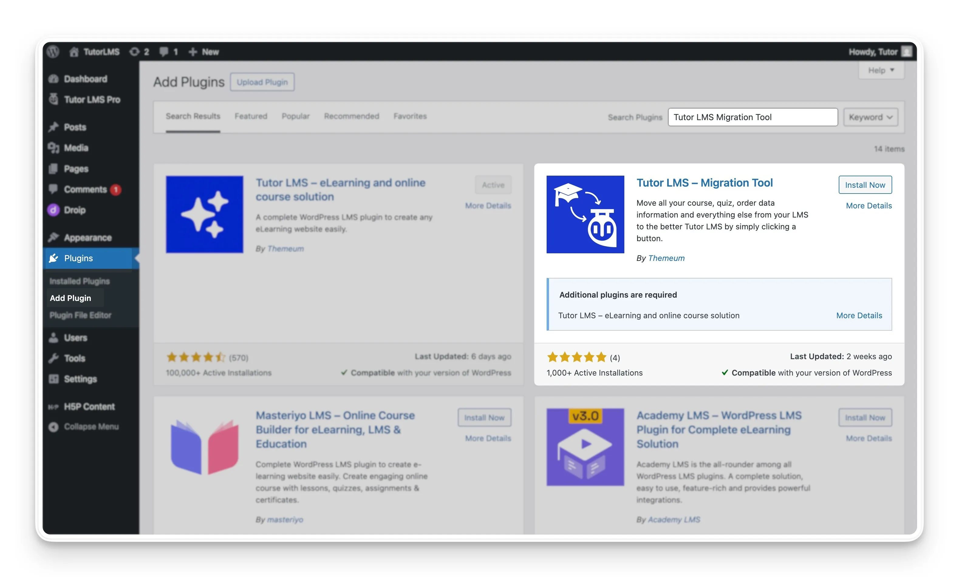 Add Plugin from WordPress- Tutor LMS migration Tool