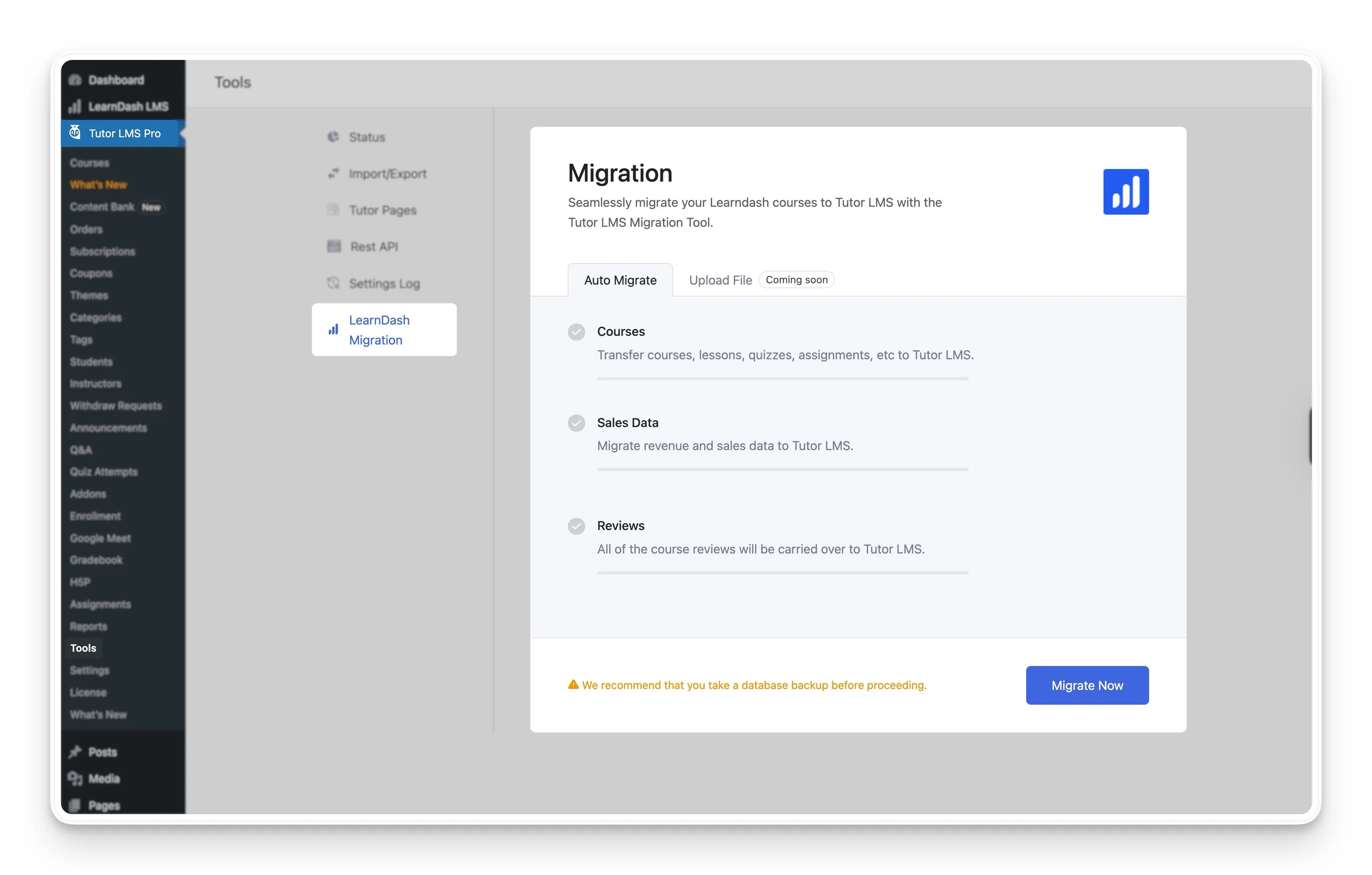 Leanrdash Migration Tab Tutor LMS Settings