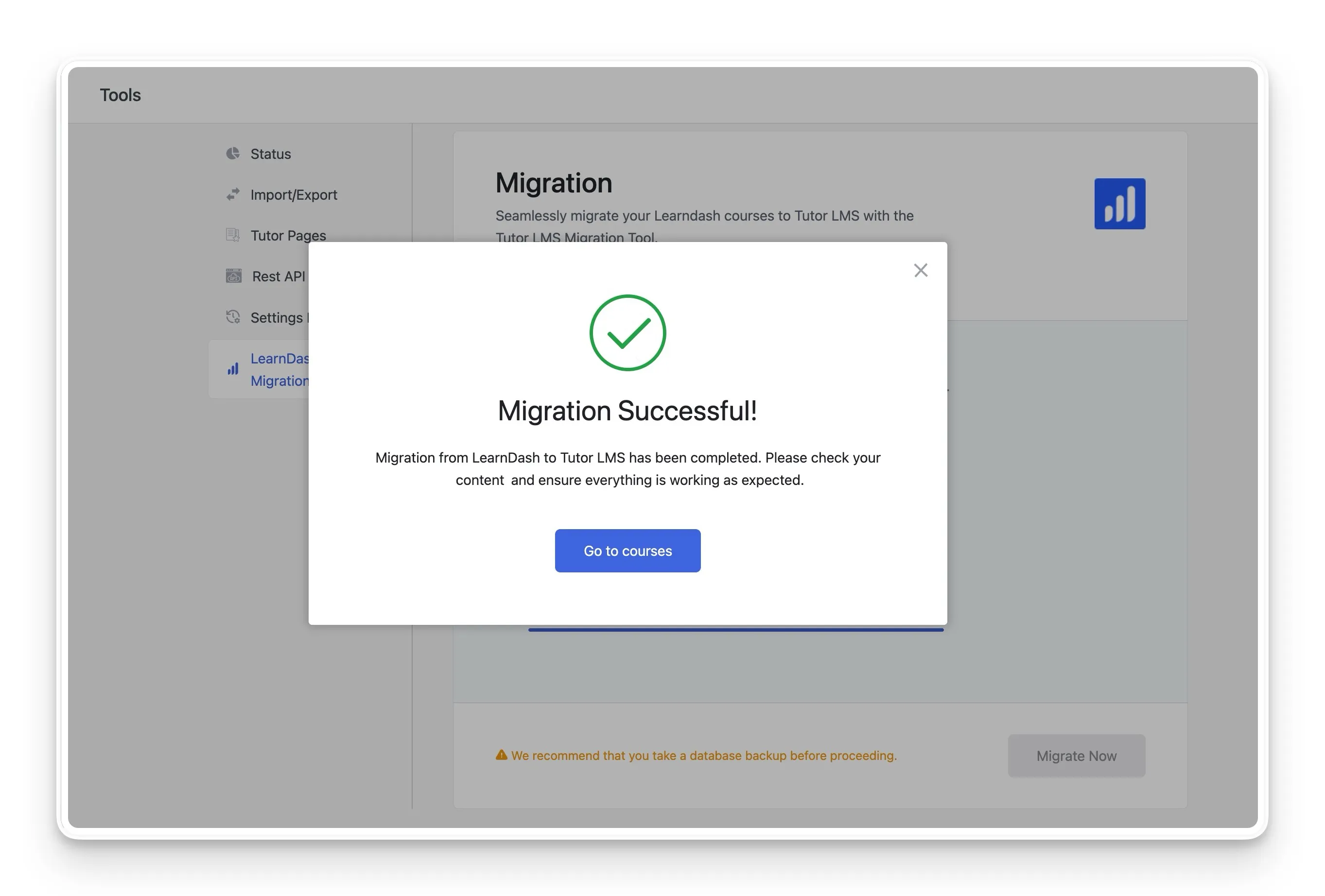 Learndash to Tutor LMs Migration Successful Message