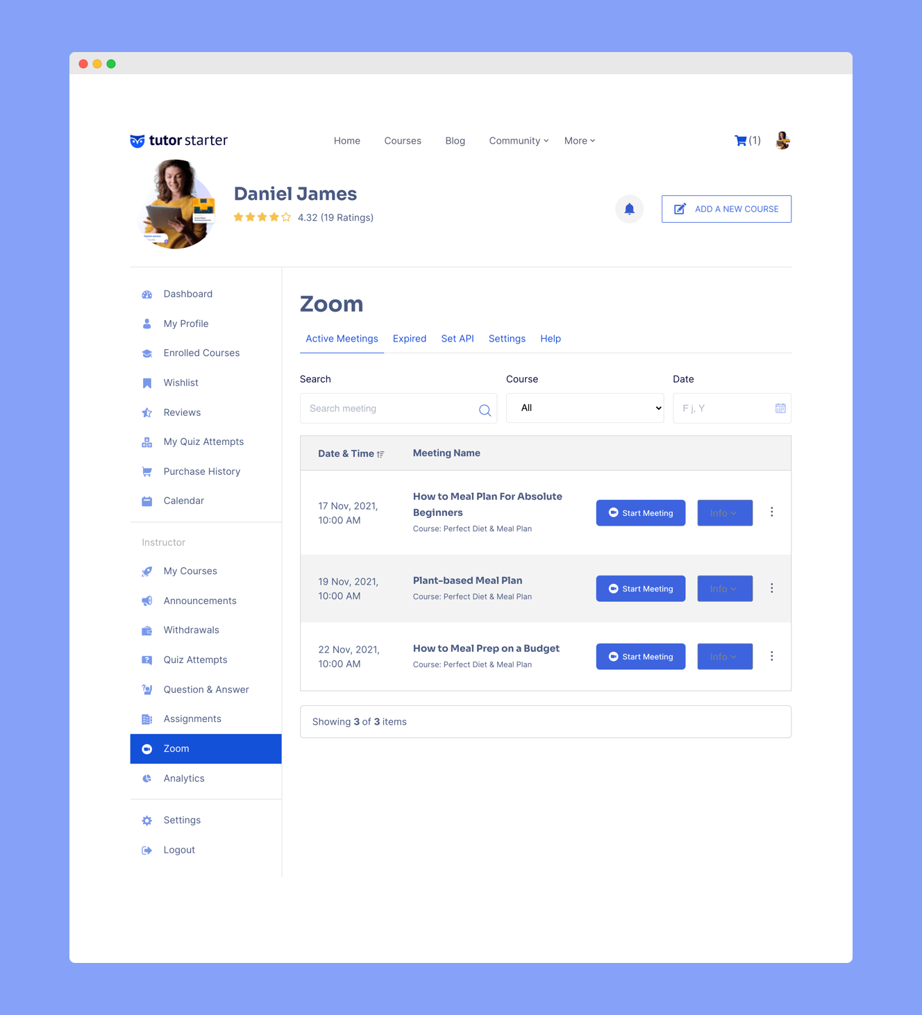 Tutor LMS Zoom Frontend View