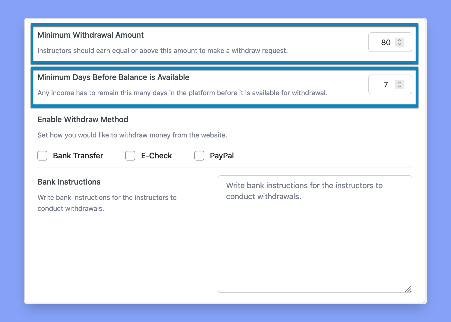 Tutor LMS - Minimum Withdrawl and Minimum Days Before Balance is Available