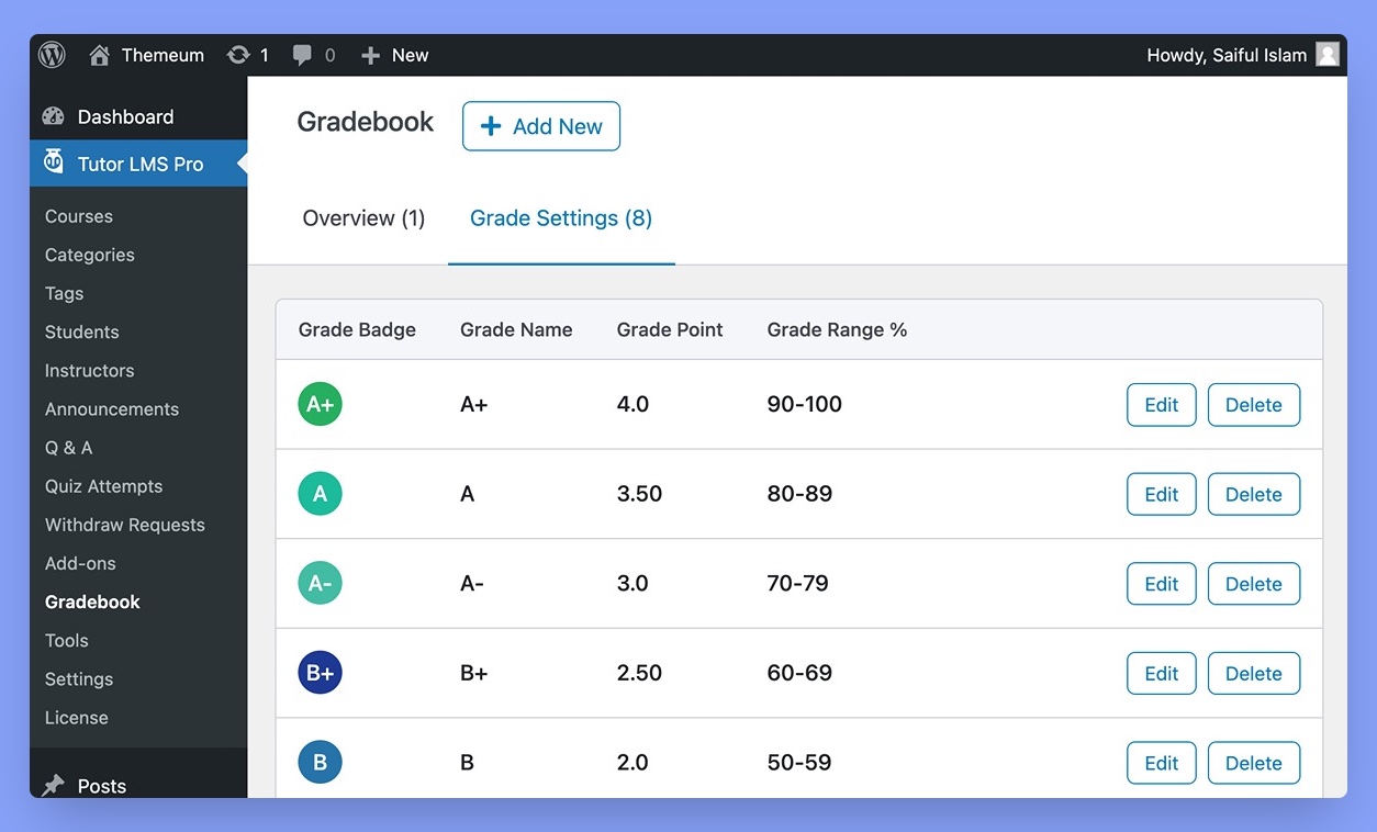 Grade Settings of Tutor LMS Gradebook addon