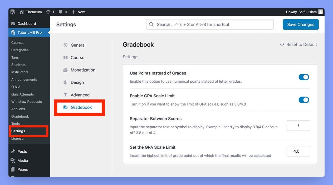 Custom Grade Scale settings page of Tutor LMS