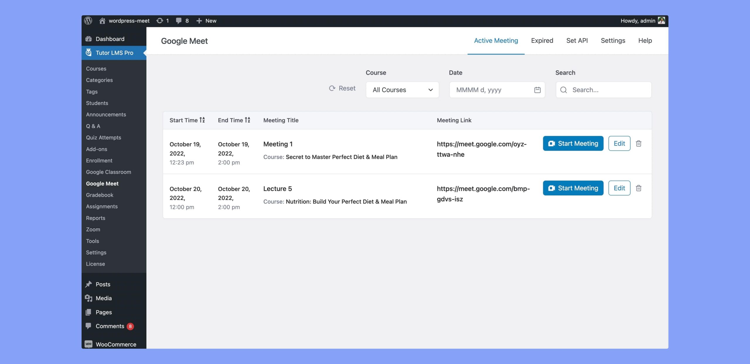 Tutor LMS Google Meet Integration