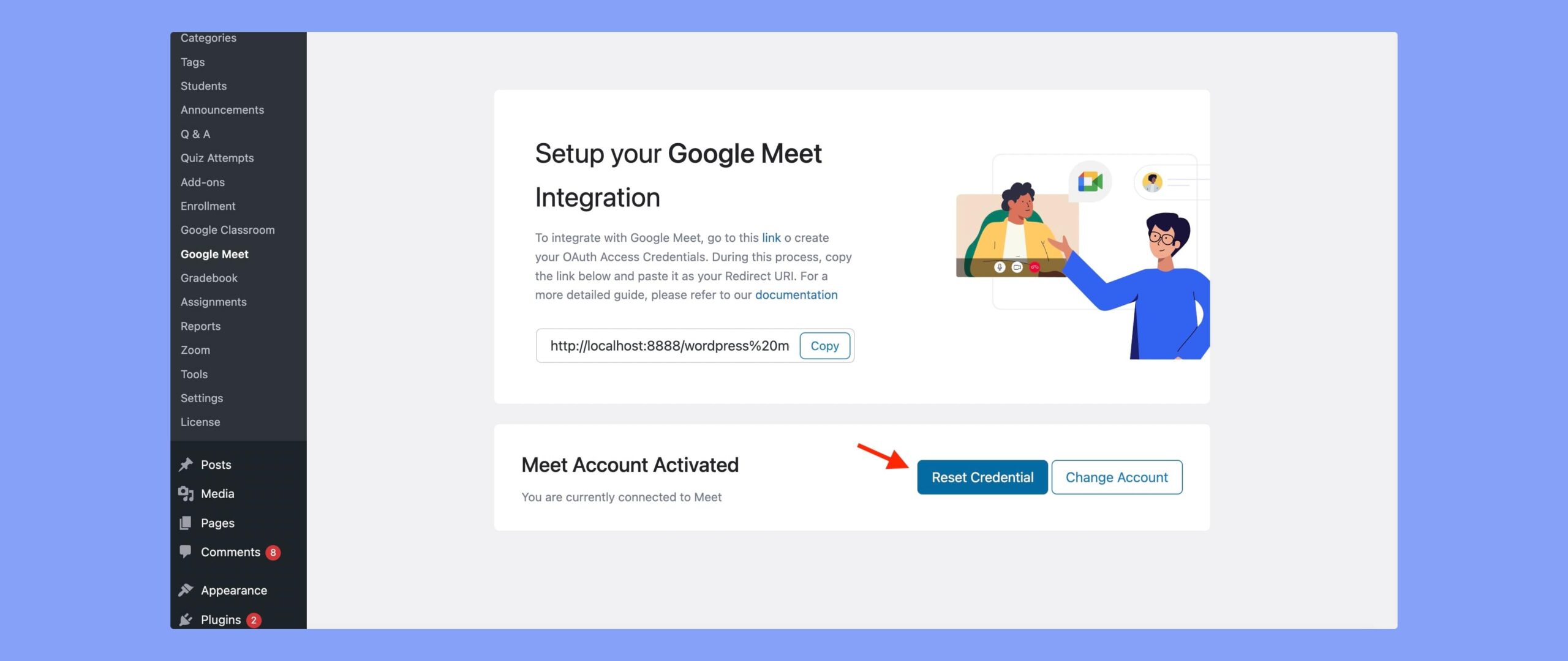 Tutor LMS Google Meet reset credential