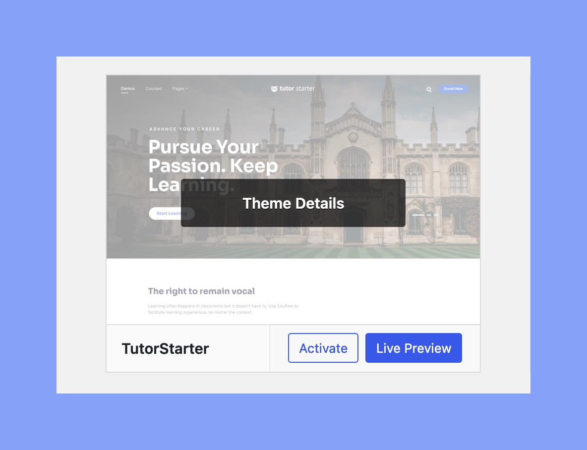 Tutor Starter Activate/Live Preview theme.