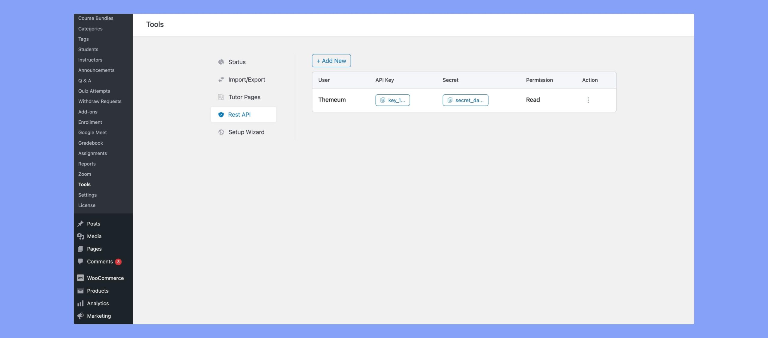 Tutor LMS REST API tools view
