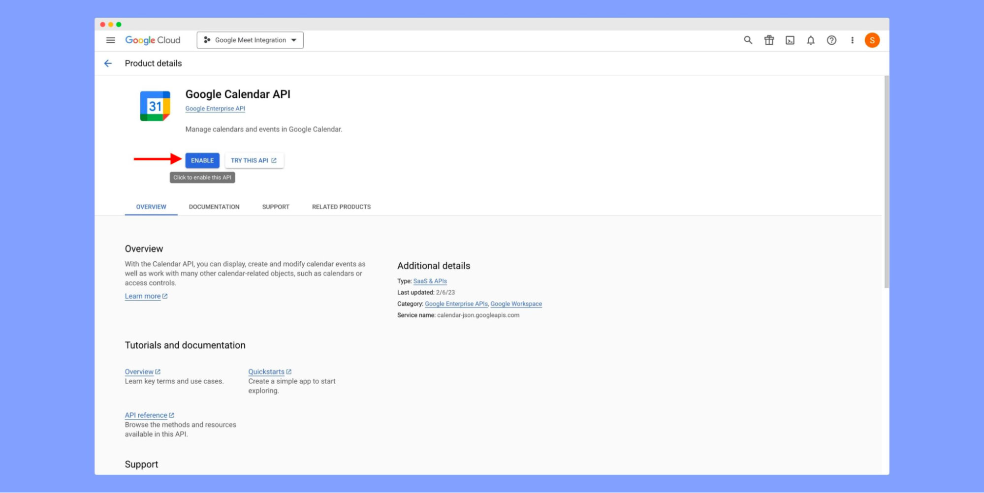 Google Meet Dev Console- Enable Calendar API