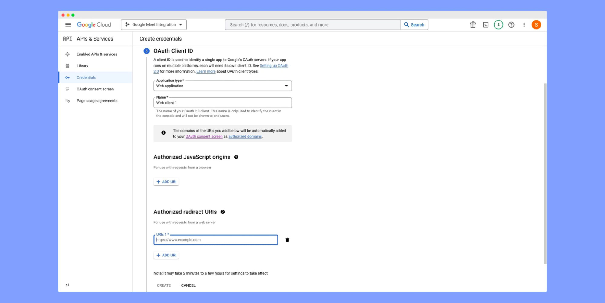 Google Meet Dev Console- OAuth Client ID