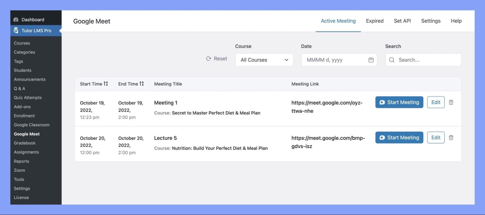 Tutor LMS- Google Meet Meeting Management