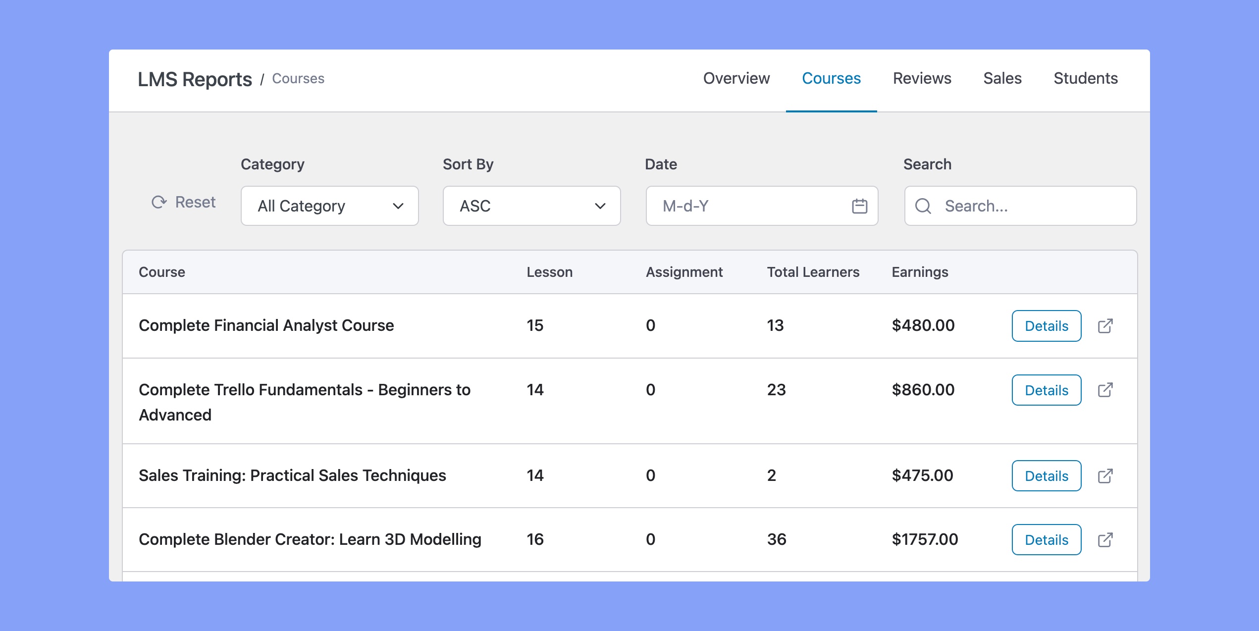 Tutor LMS Courses section