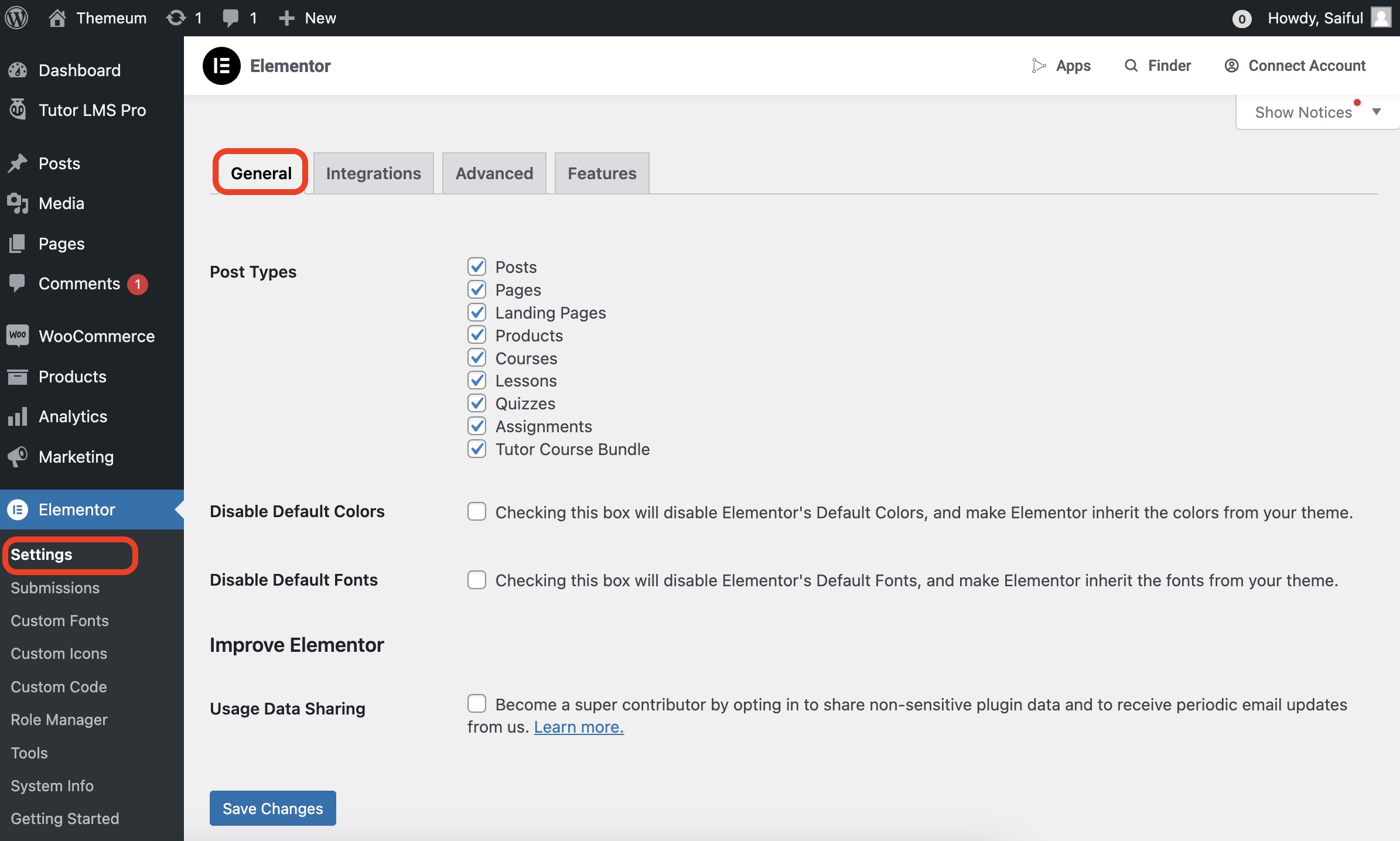 Elementor post type settings