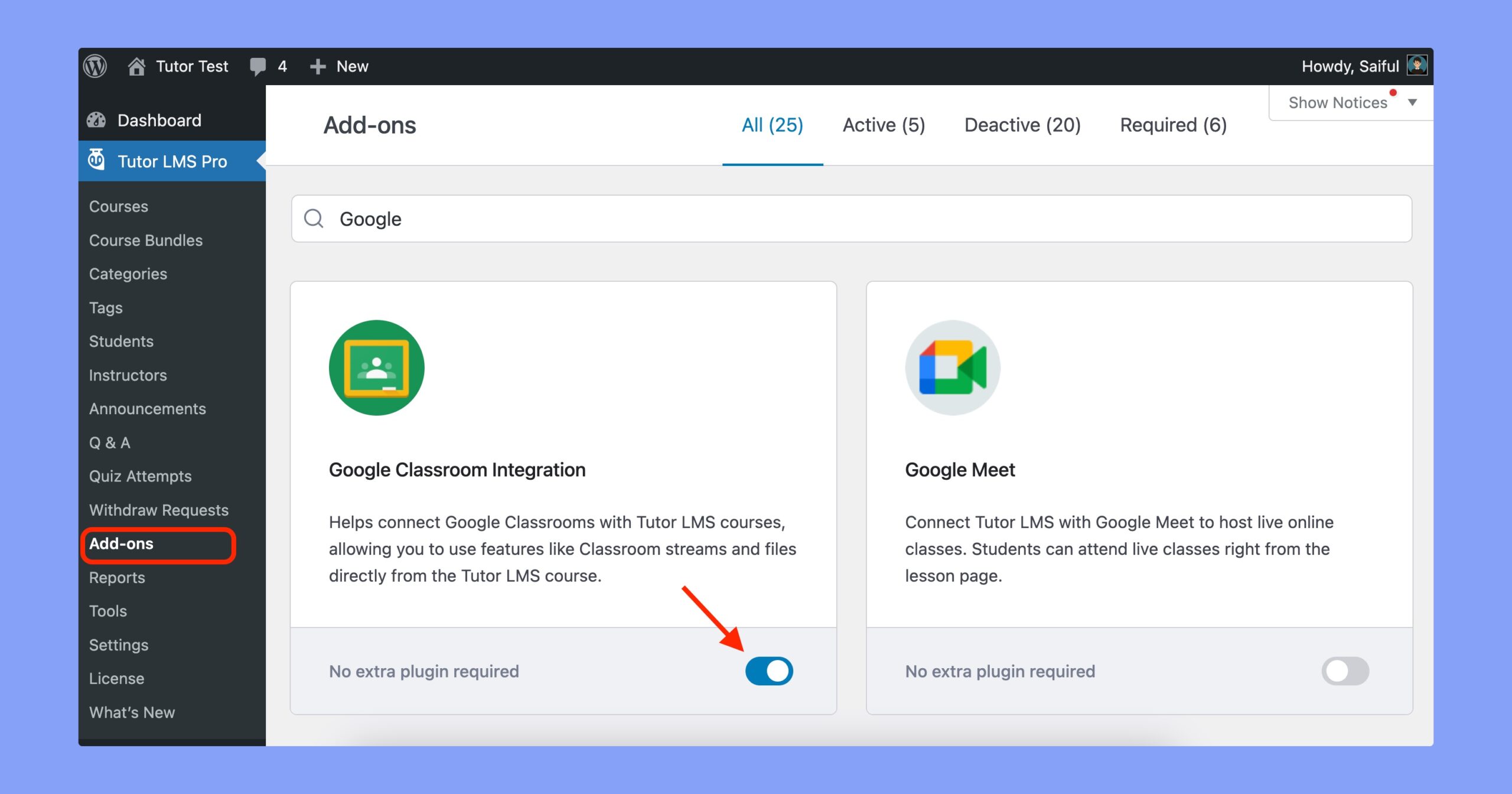 Enable Google Classroom addon