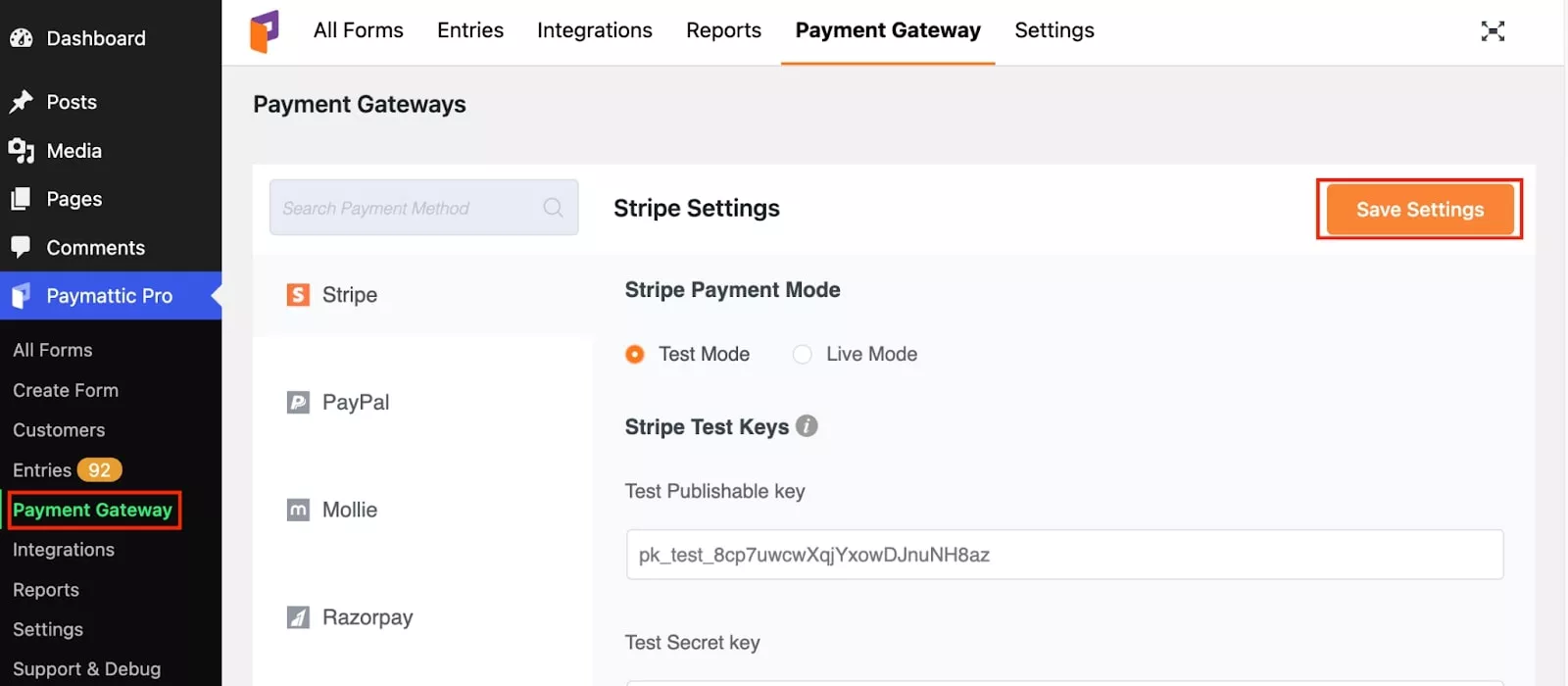 Configure payment gateway in test mode