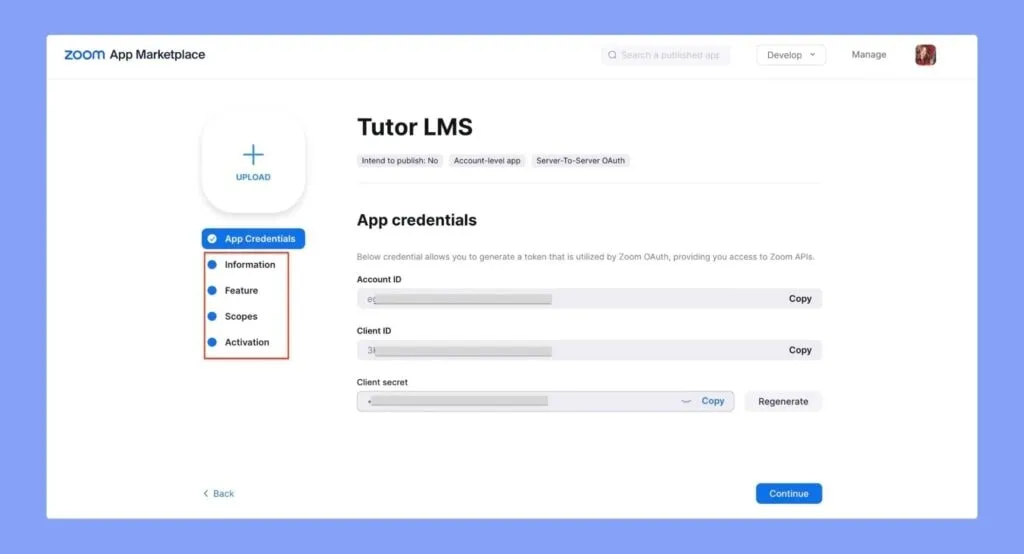 Tutor LMS- Zoom App credentials page