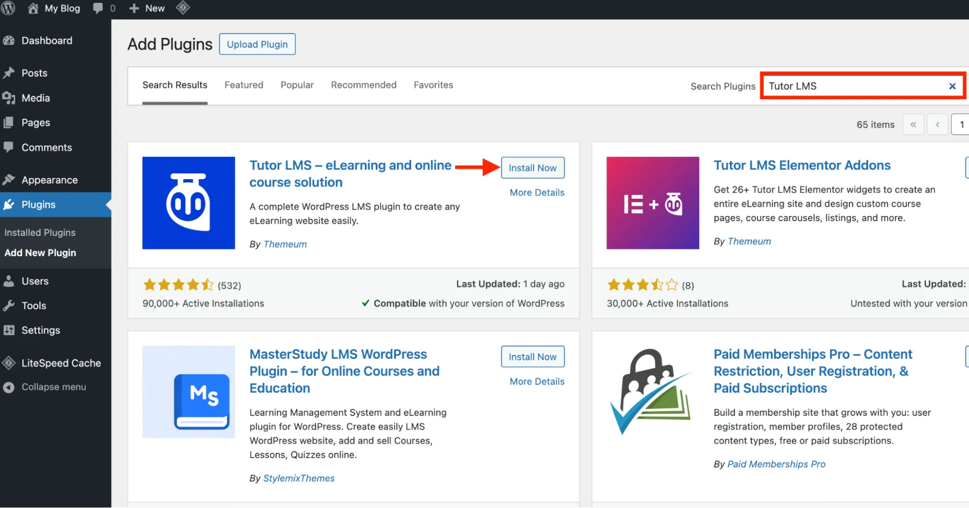 Install Tutor LMS from the WordPress plugin directory