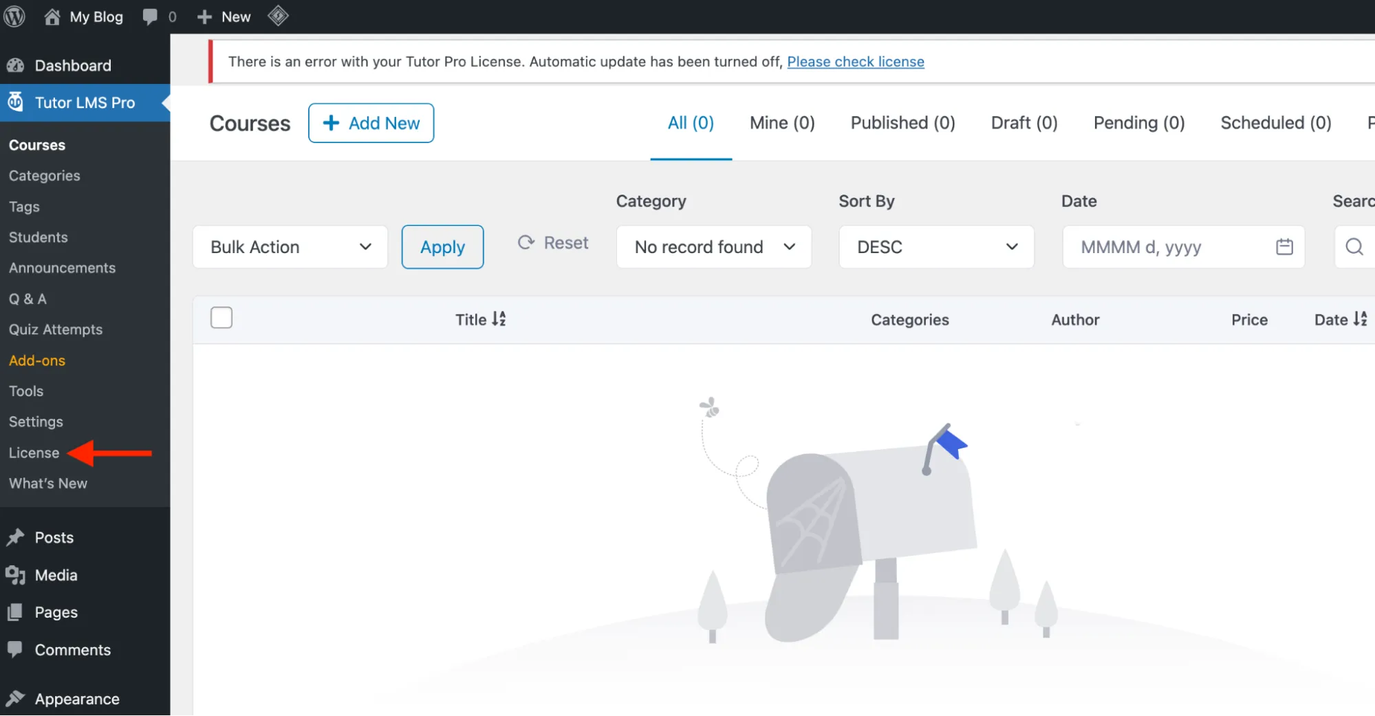 Tutor LMS licence menu