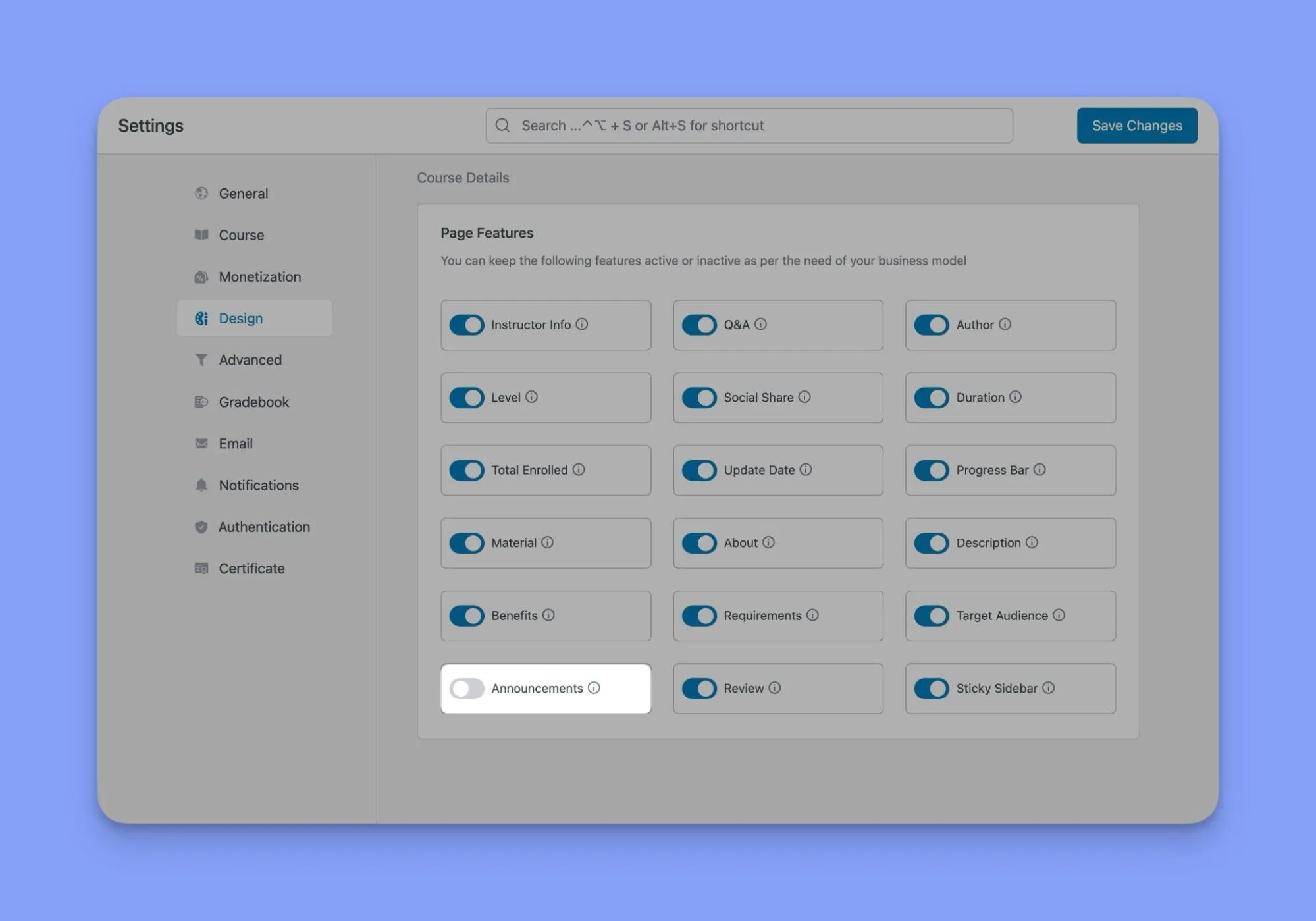 Tutor LMS Announcement Option in Settings