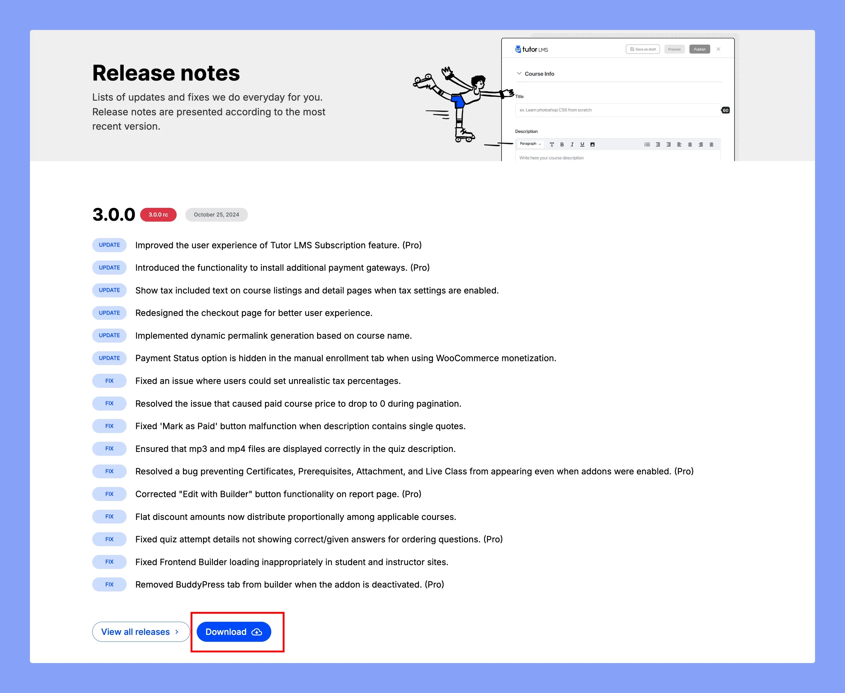 Tutor LMS 3.0 RC release note and download button