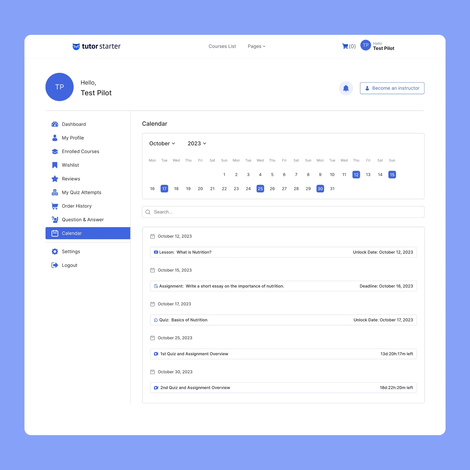 Tutor LMS Calendar Defualt View