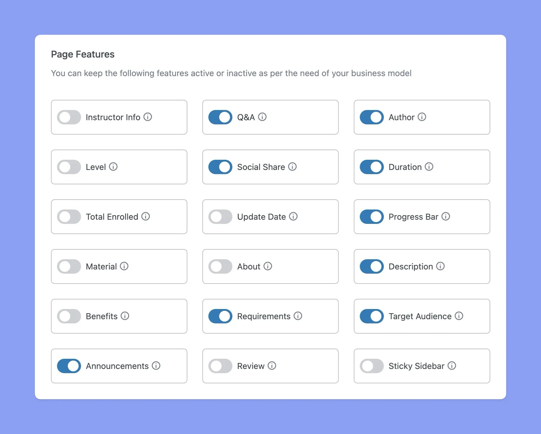 Tutor LMS Page Features settings