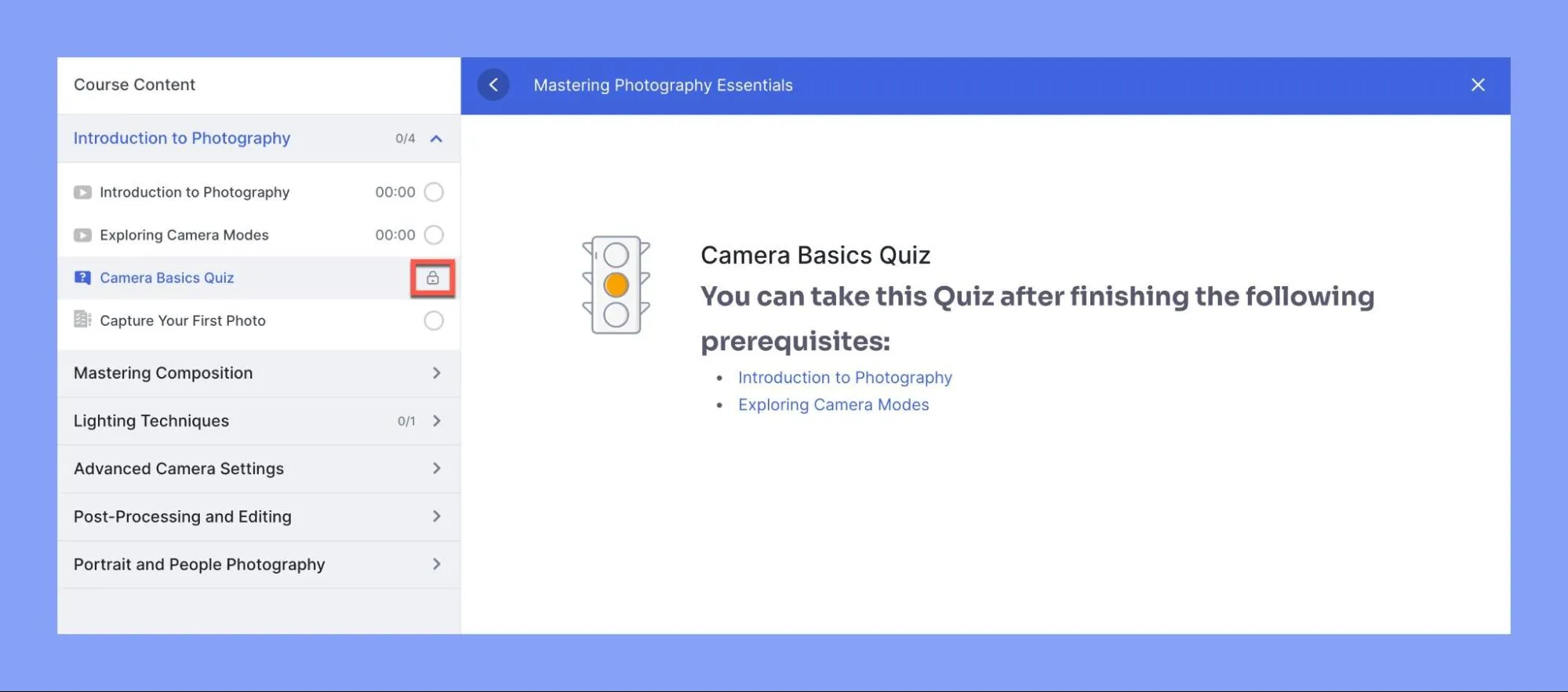 Set eLearning Quiz Scheduling and Prerequisite