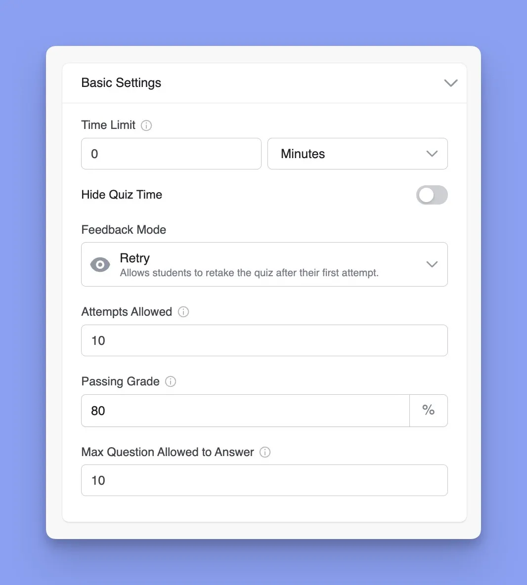 LMS Quiz basic settings