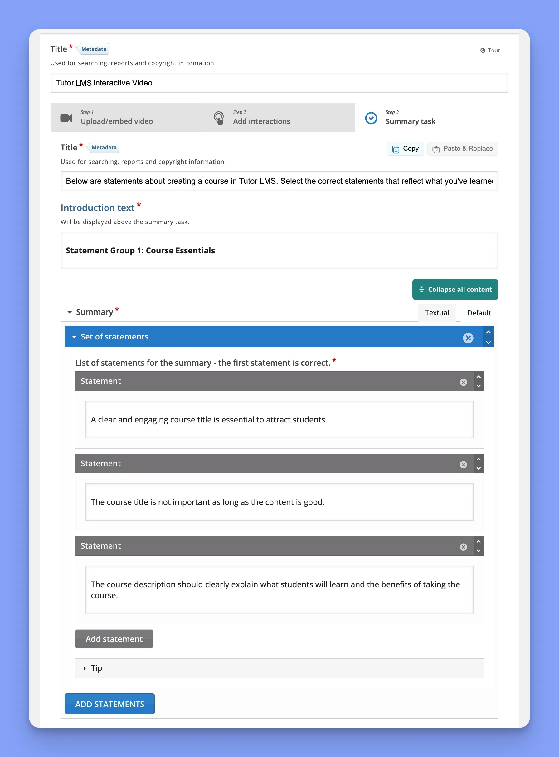 Tutor LMS H5P Summary Task