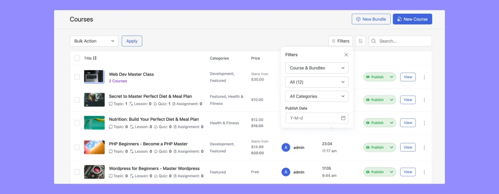 Tutor LMS 3.5.0 Course and bundles now together