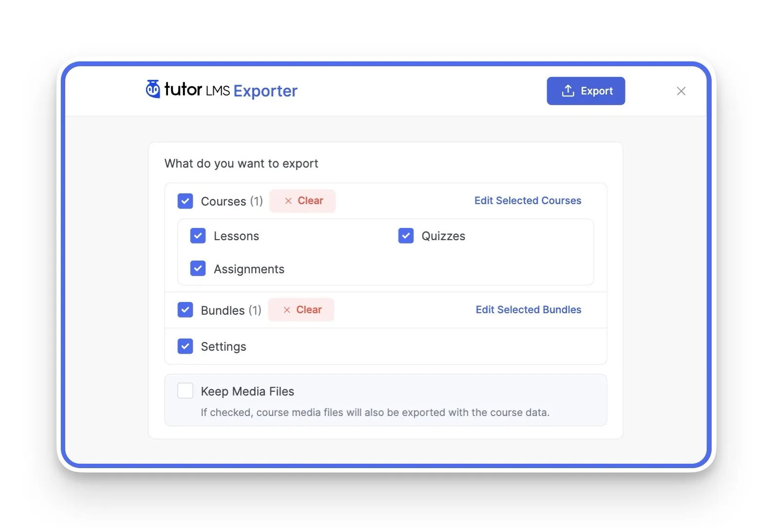 Edit Corse and Bundles Selection for Export