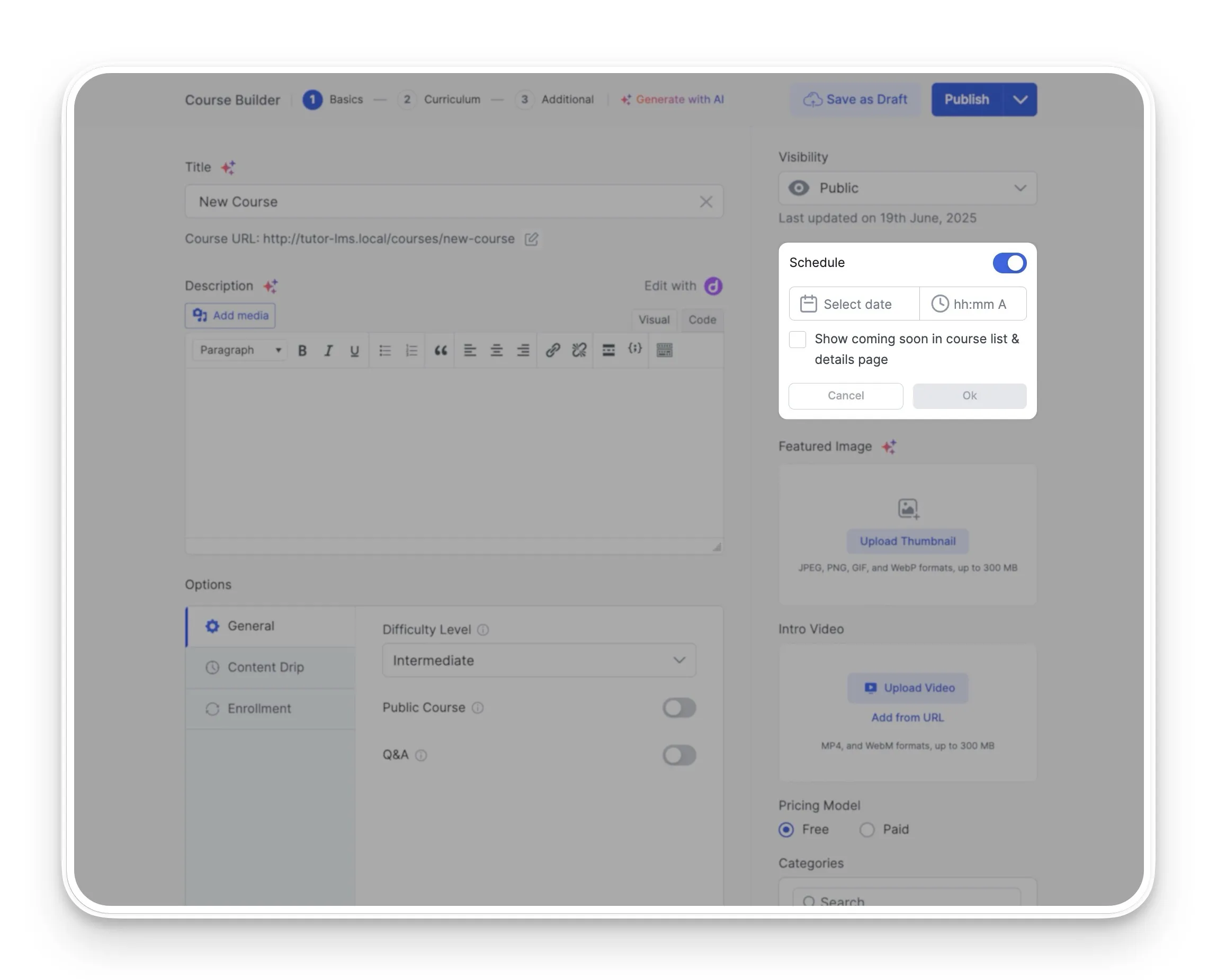 Tutor LMS- Toggle the Schedule option to on