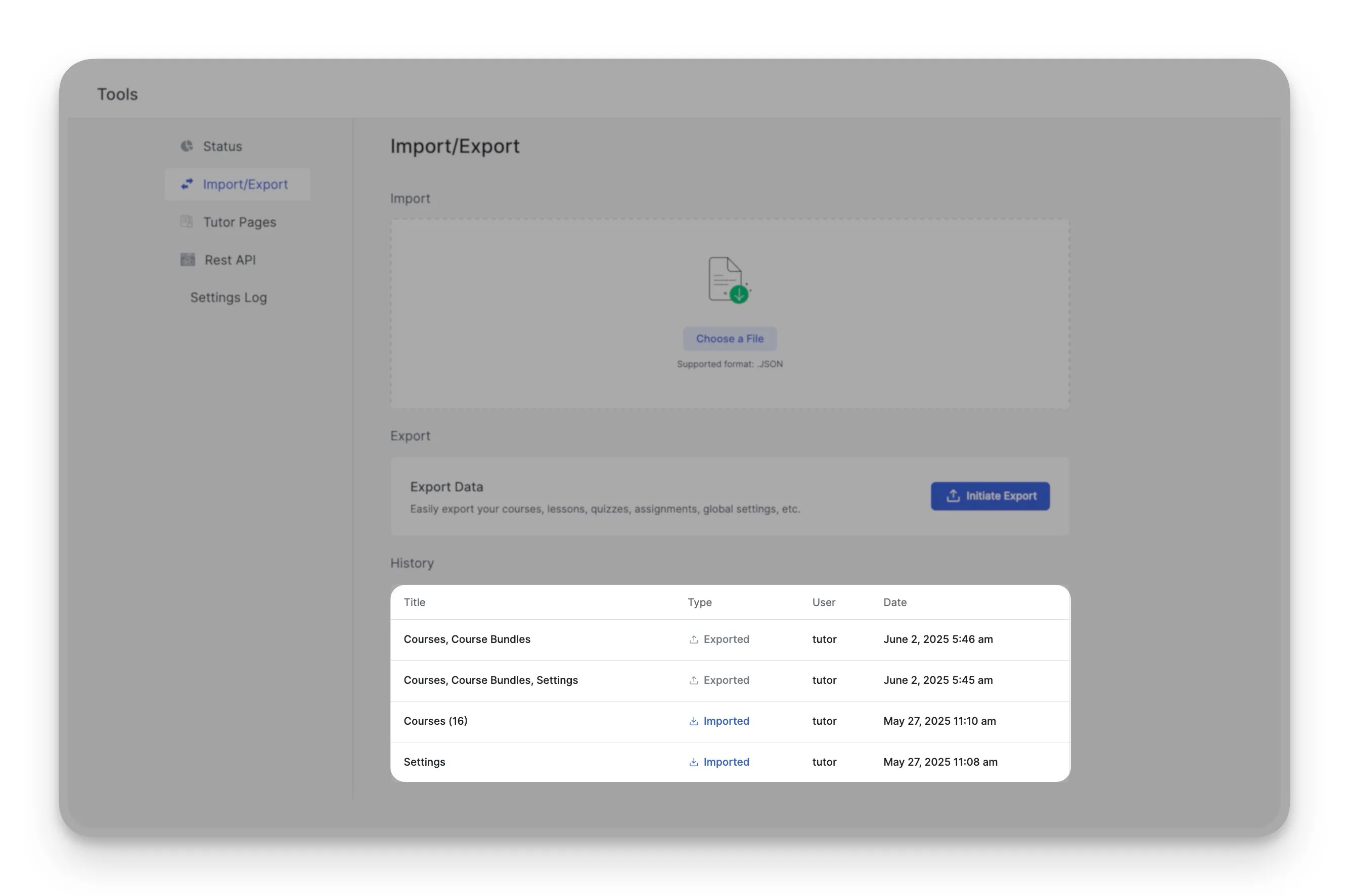 Import Export History Log Tutor LMS