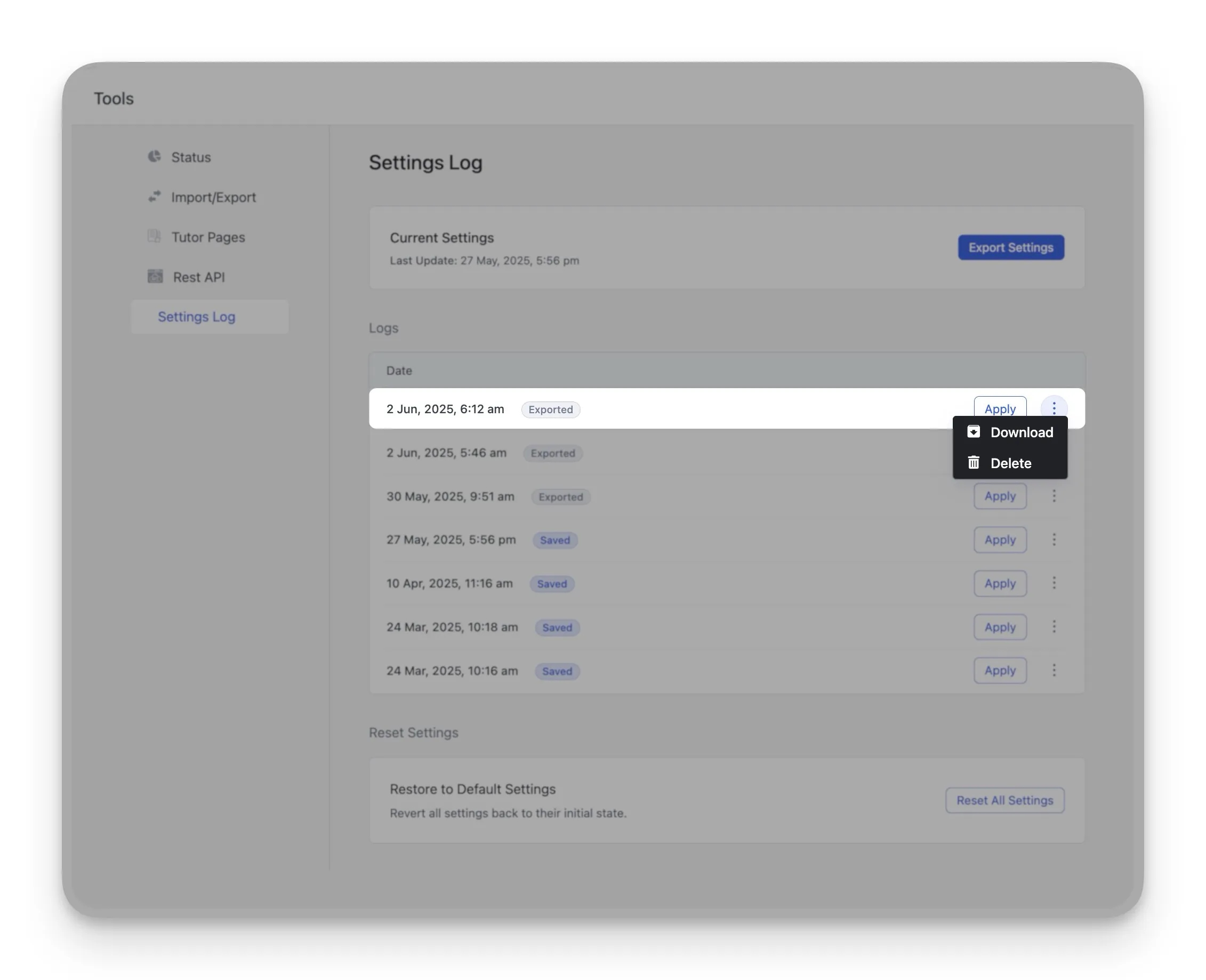 Settings Log Download settings backup