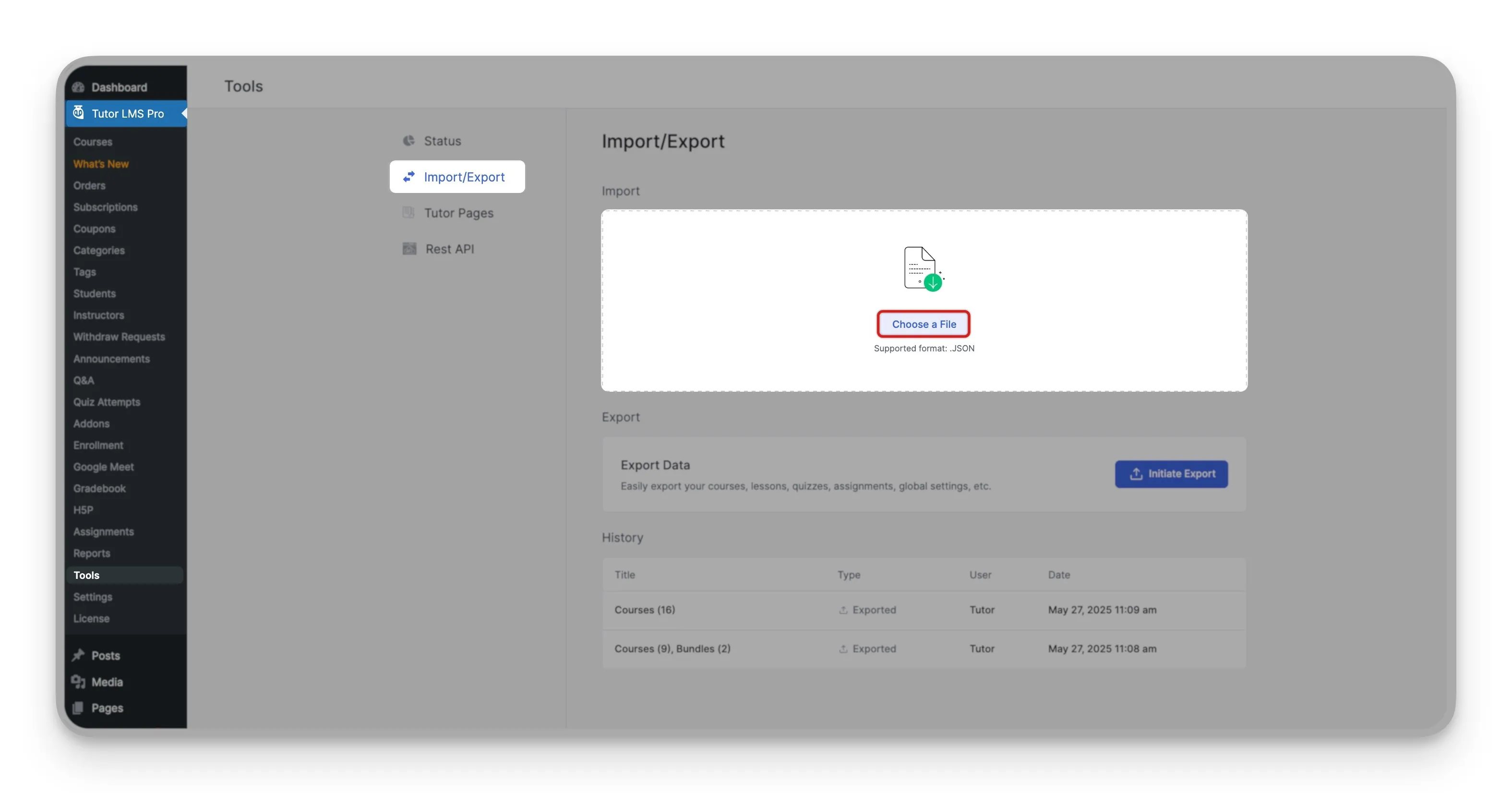 Tutor LMS Import Data Upload Json File