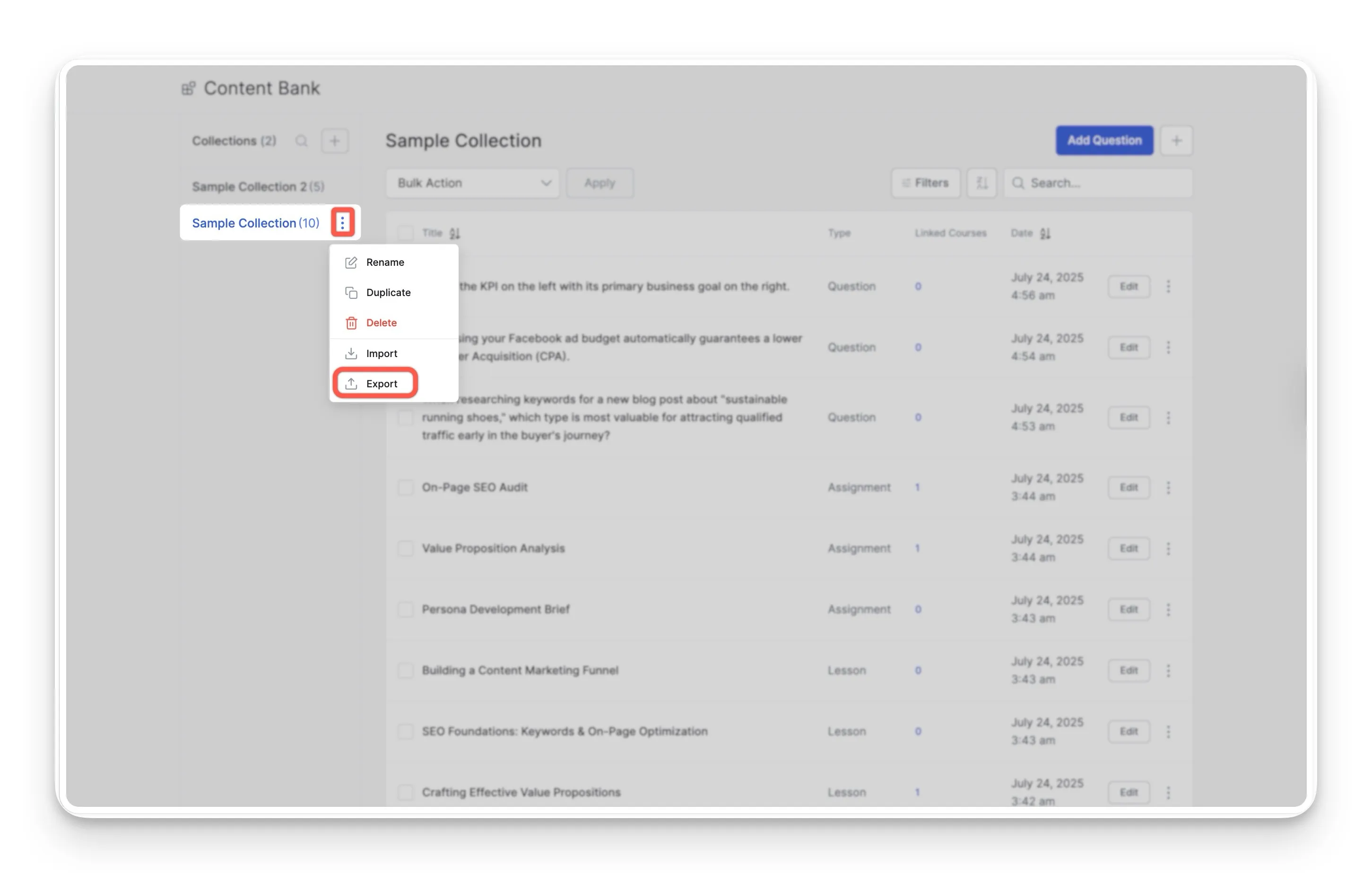 Initiate Export of Content bank