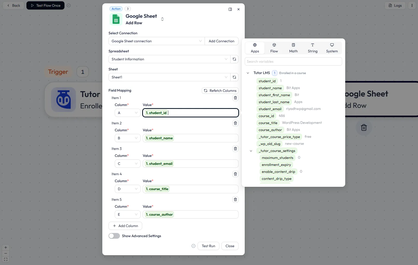Map Tutor LMS fields with Google Sheets
