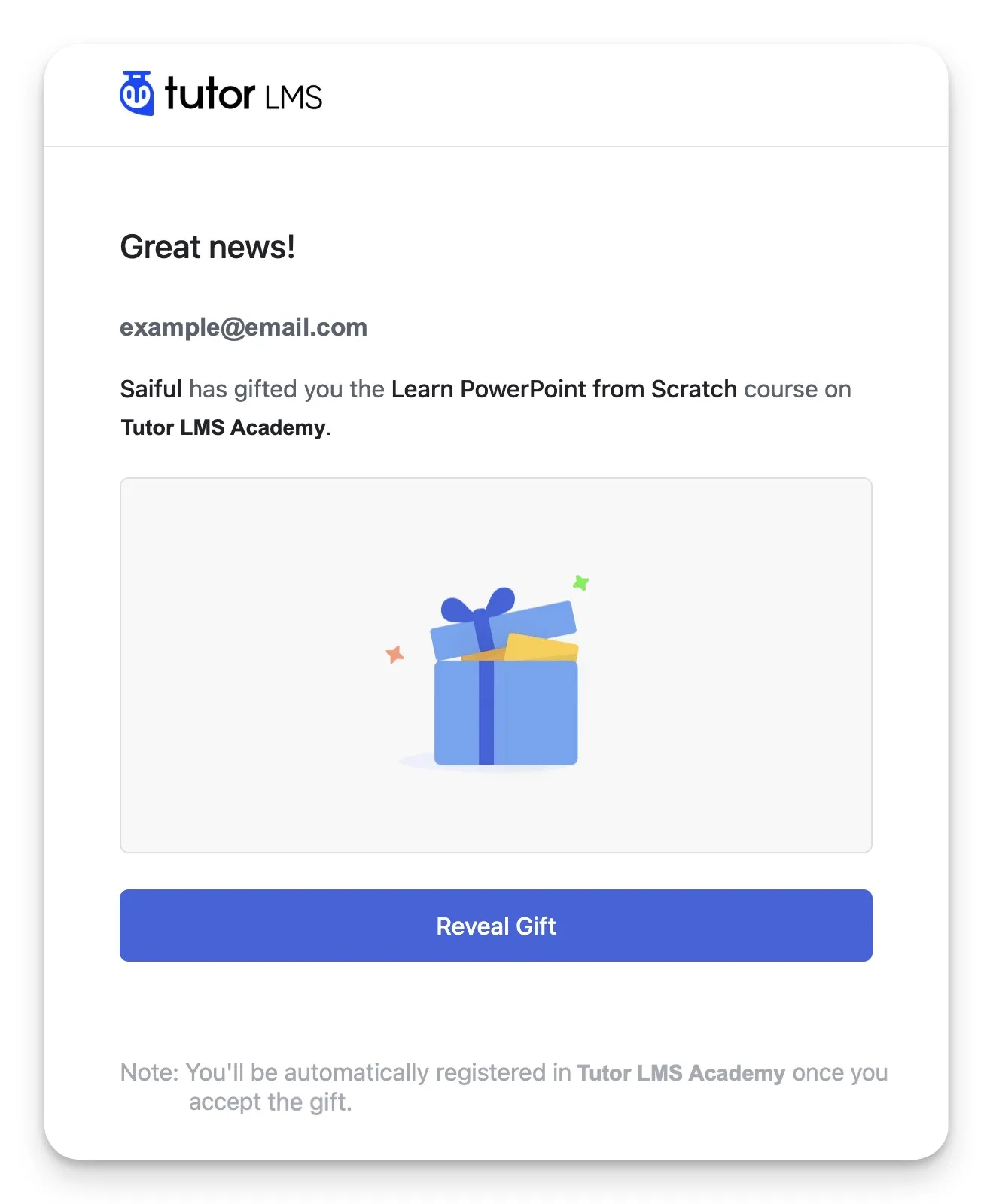 Automated Received Course Gift Email Tutor LMS