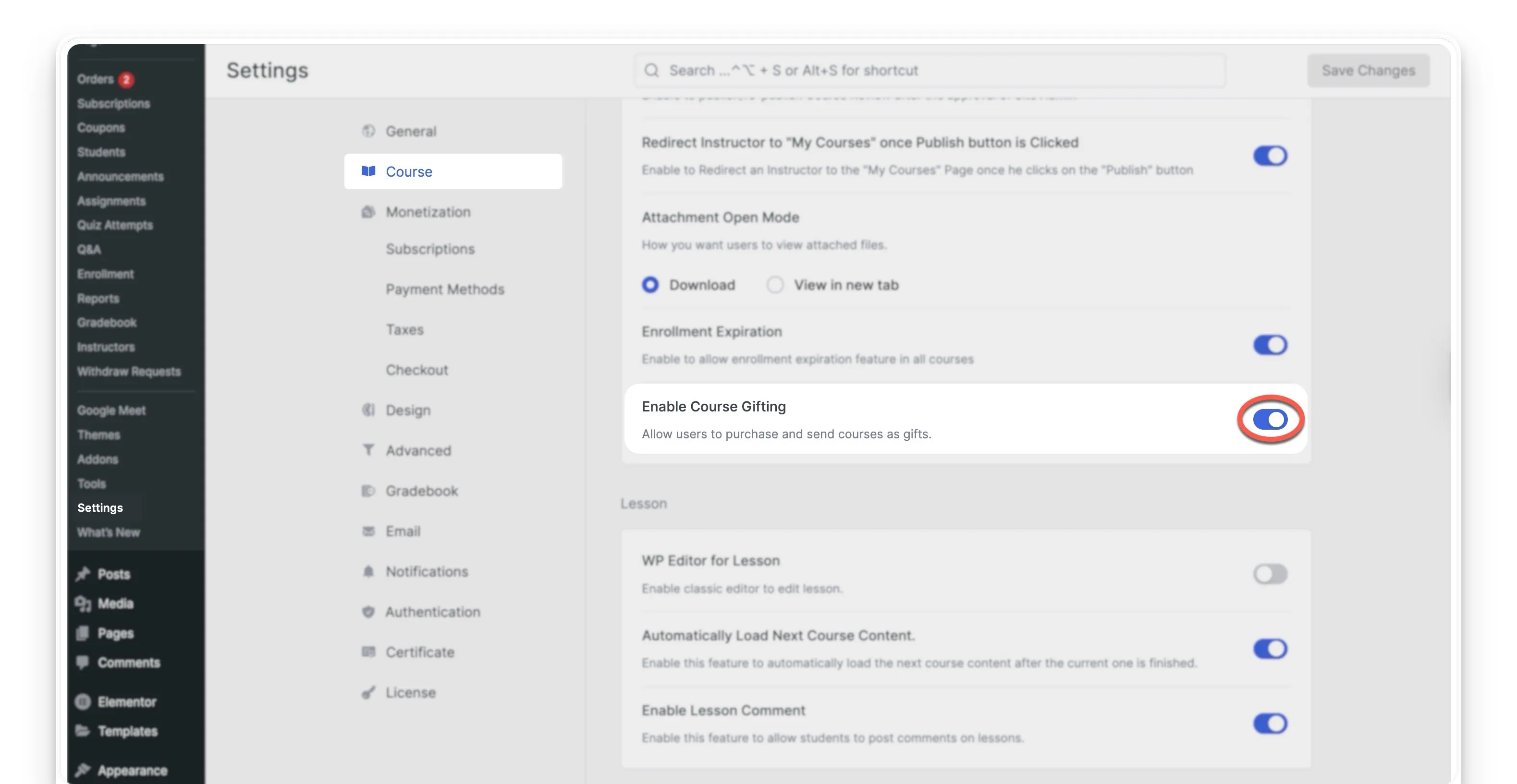 Enable Gift Course option from Tutor LMS Settings
