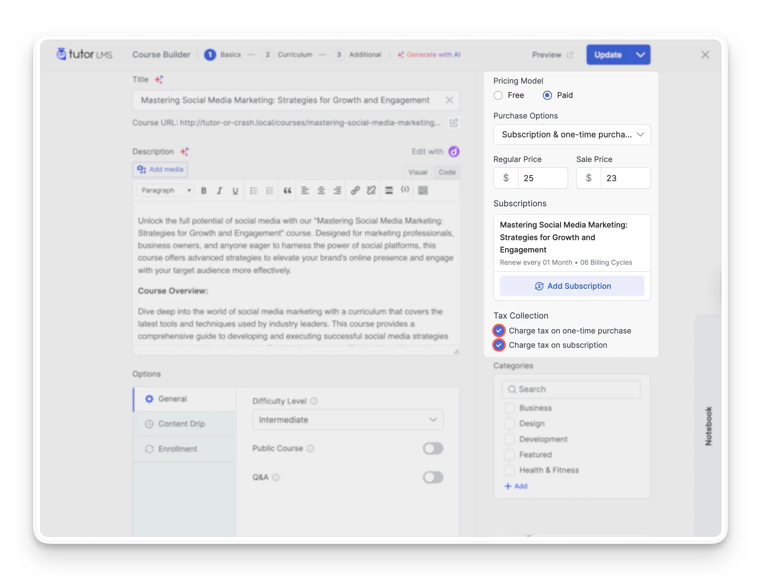 Enable Individual tax settings per course Tutor LMs Course Builder