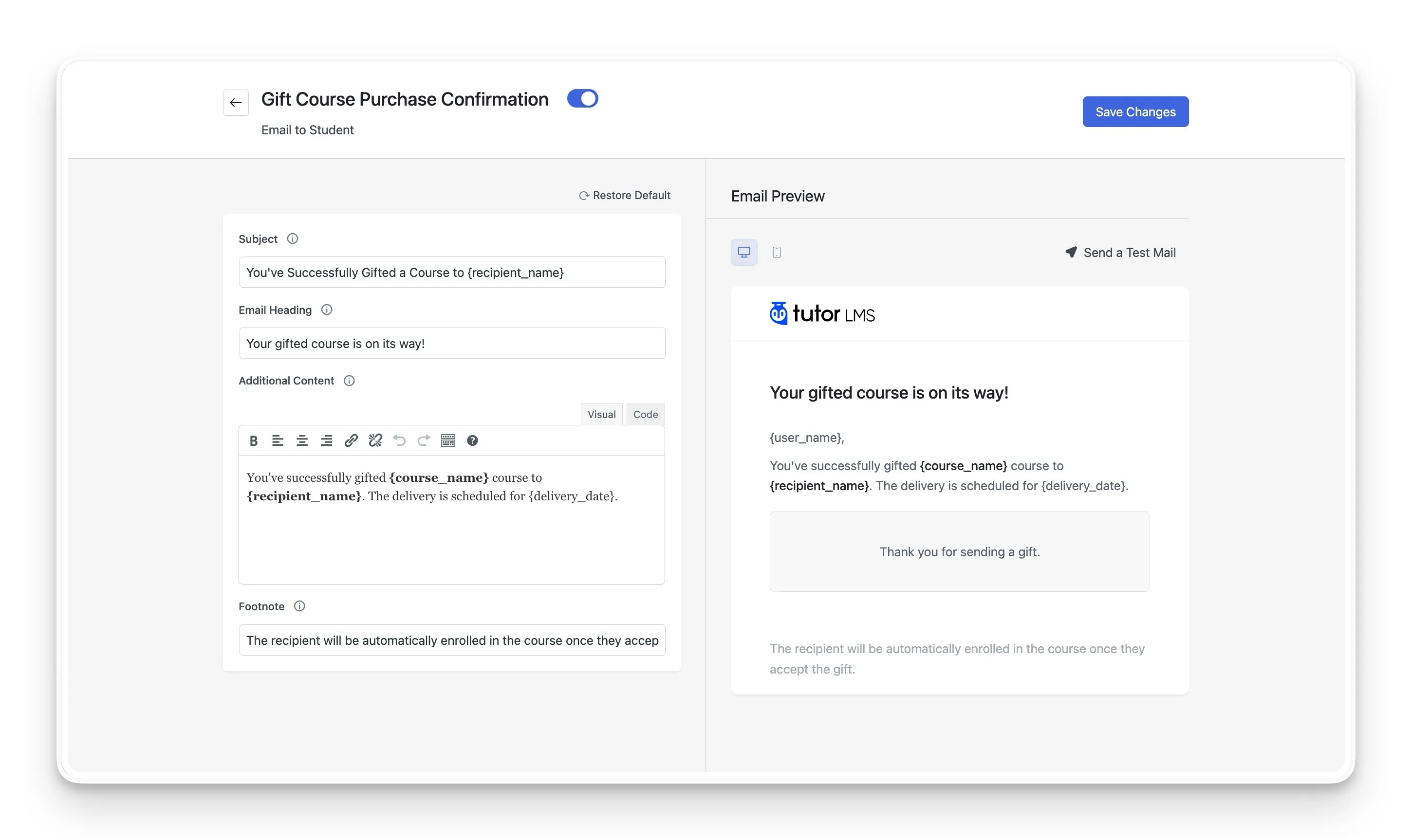 Gift Course Received Email Template Customization