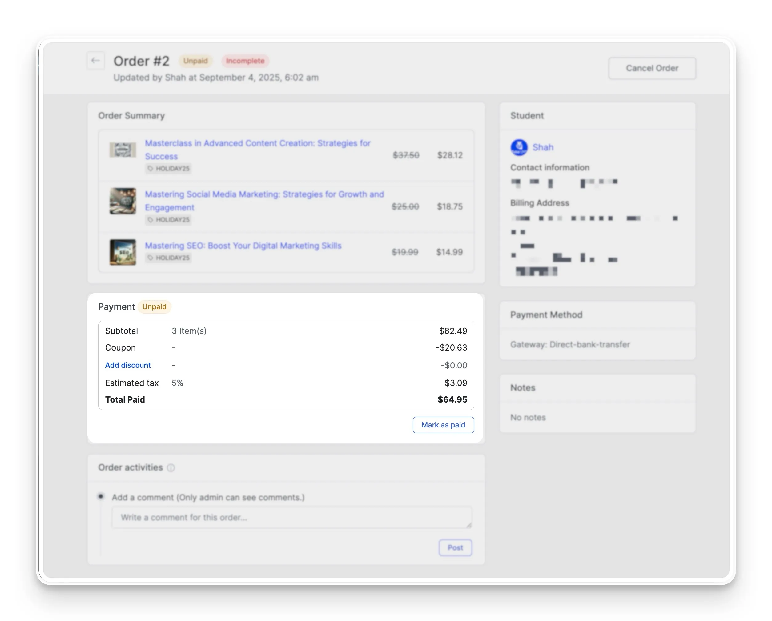 Per order details breakdown view Tax, Discounts Coupons