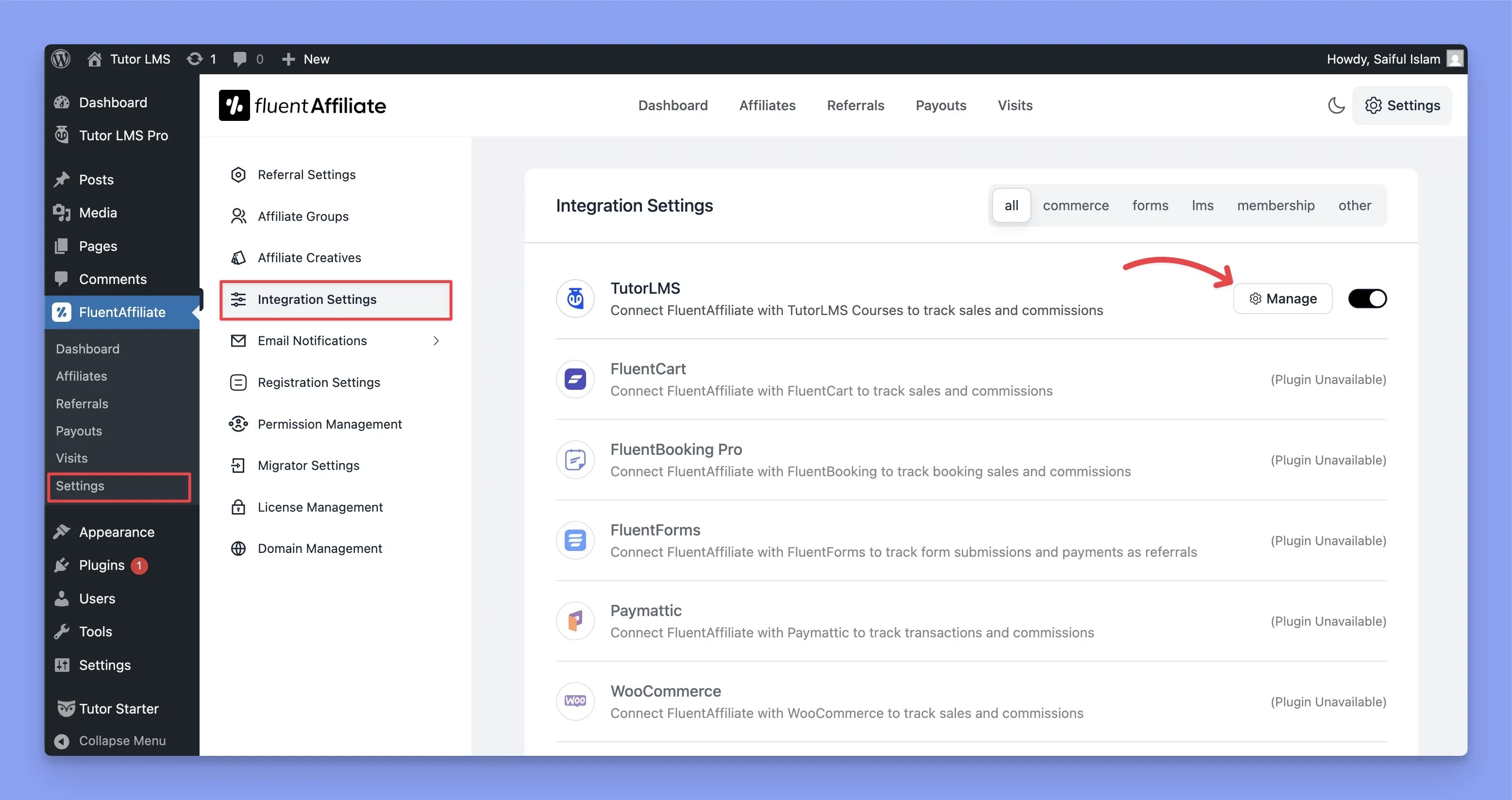 Manage Tutor LMS affiliate settings