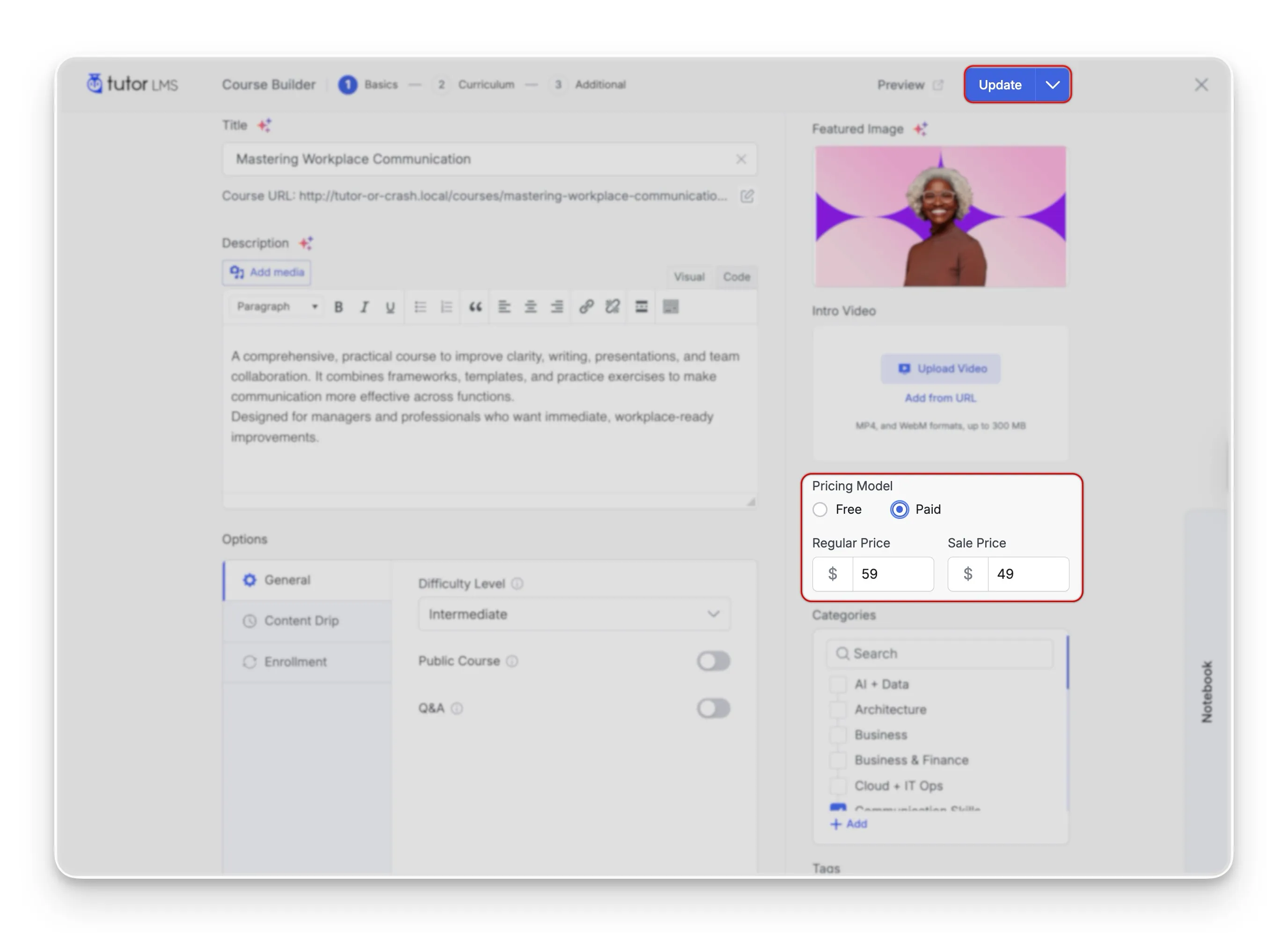 Select Paid Course option in Course Editor
