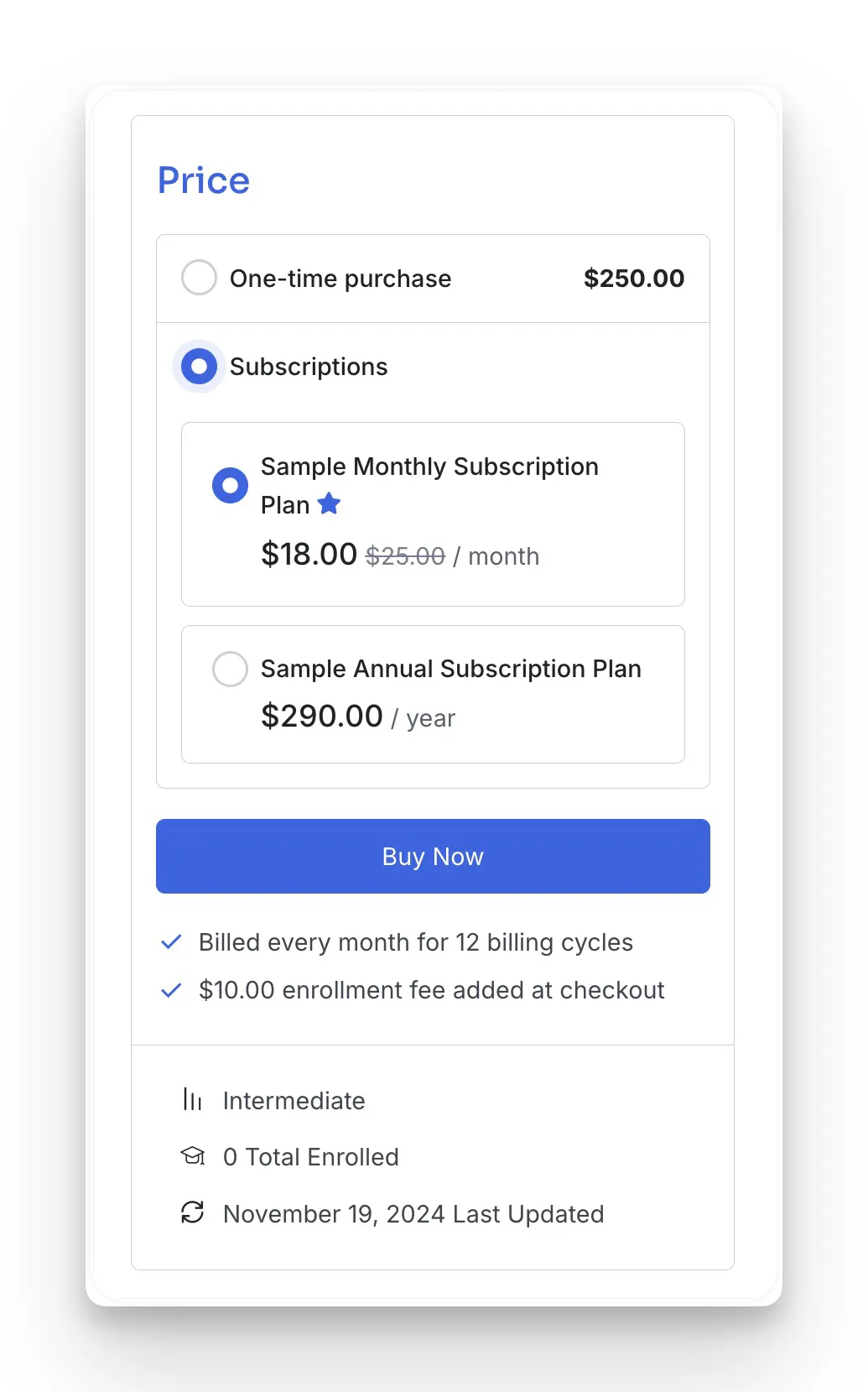 Subscription models price listing Buy Now Page