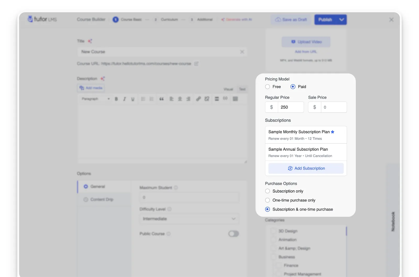Creating Subscription Pricing tiers with Tutor LMS Course Editor