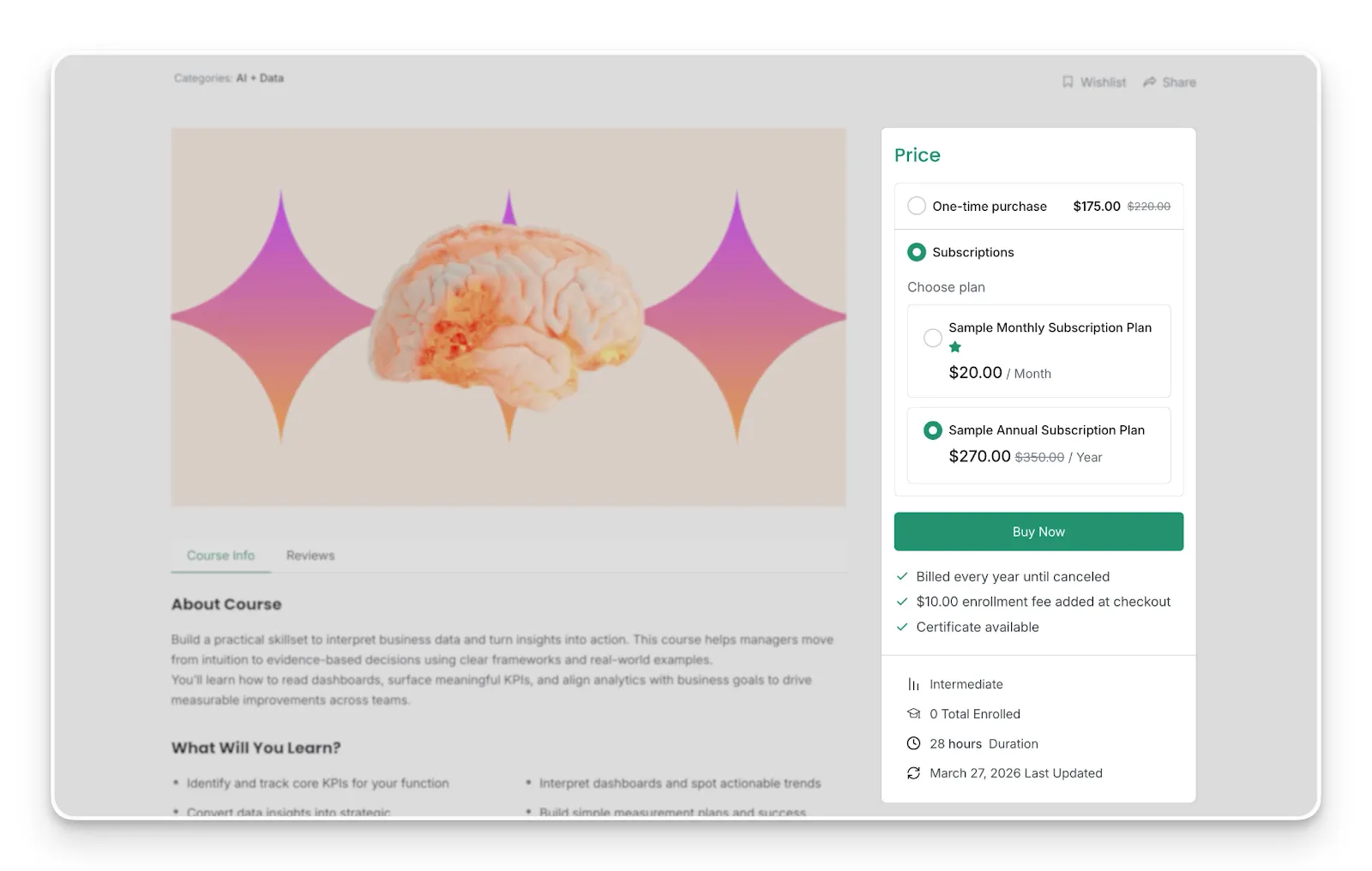 Course Hybrid Price Models (one-time purchase and subscriptions)